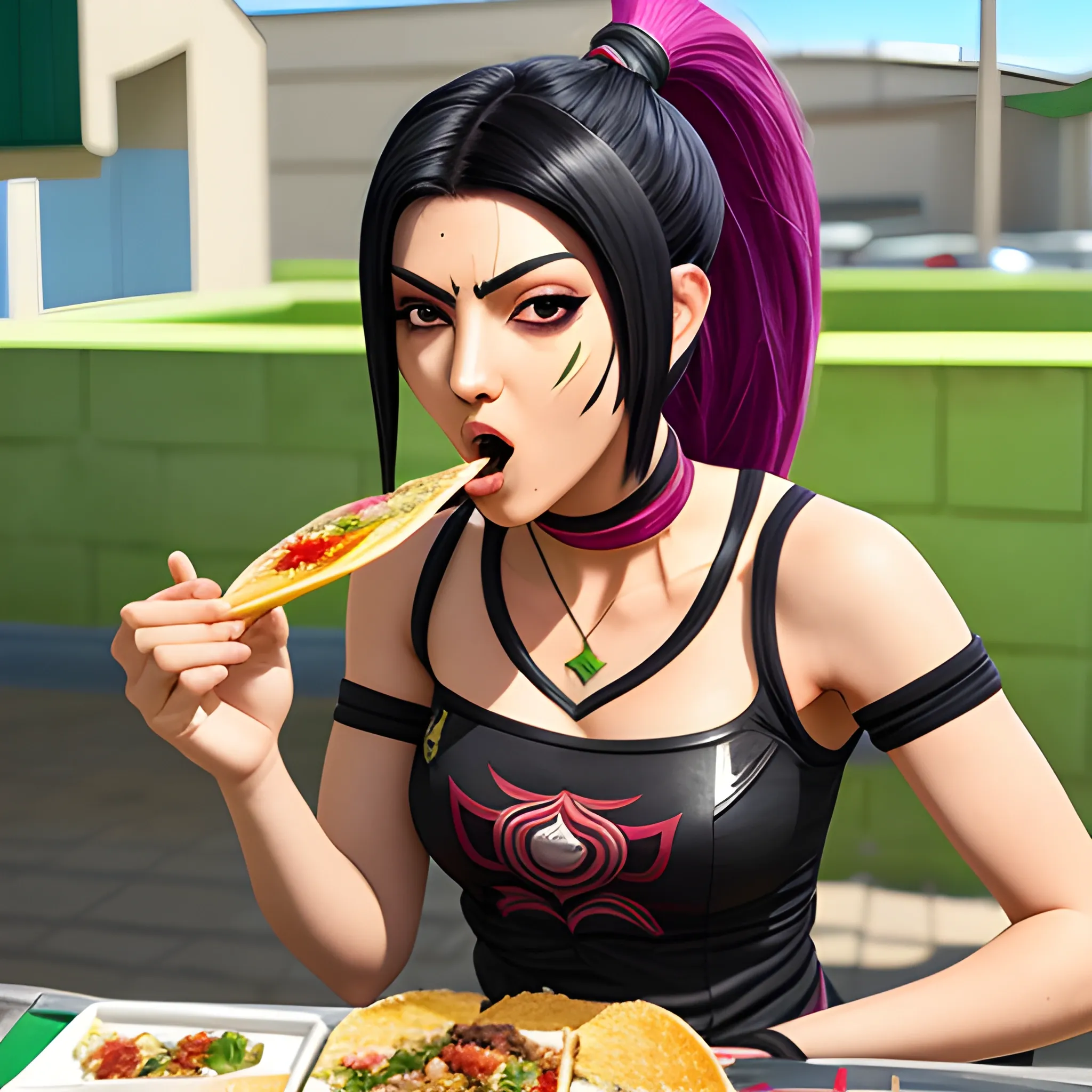 akali from league of legends eating tacos
