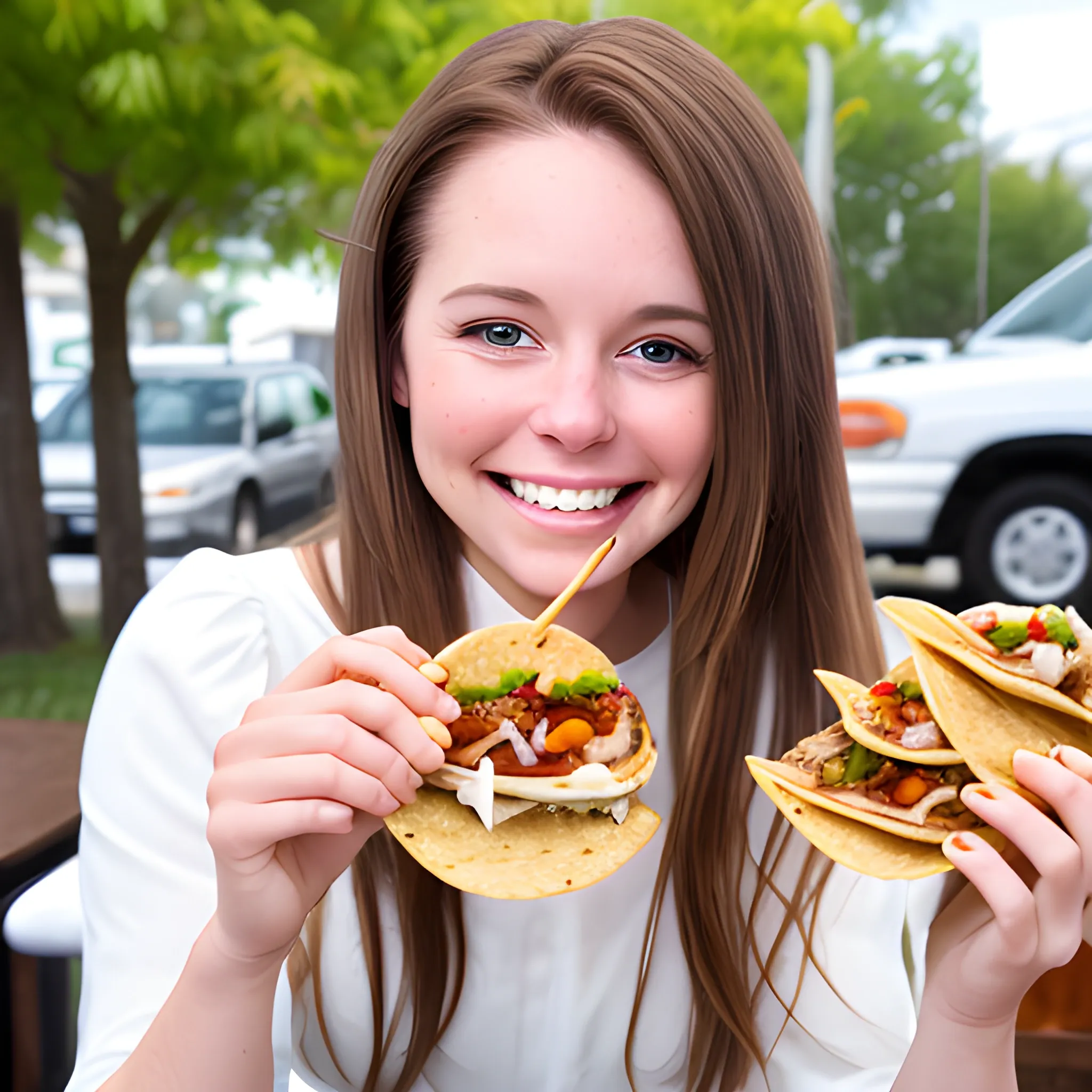 white lady with brown hair smiling as she eats tacos