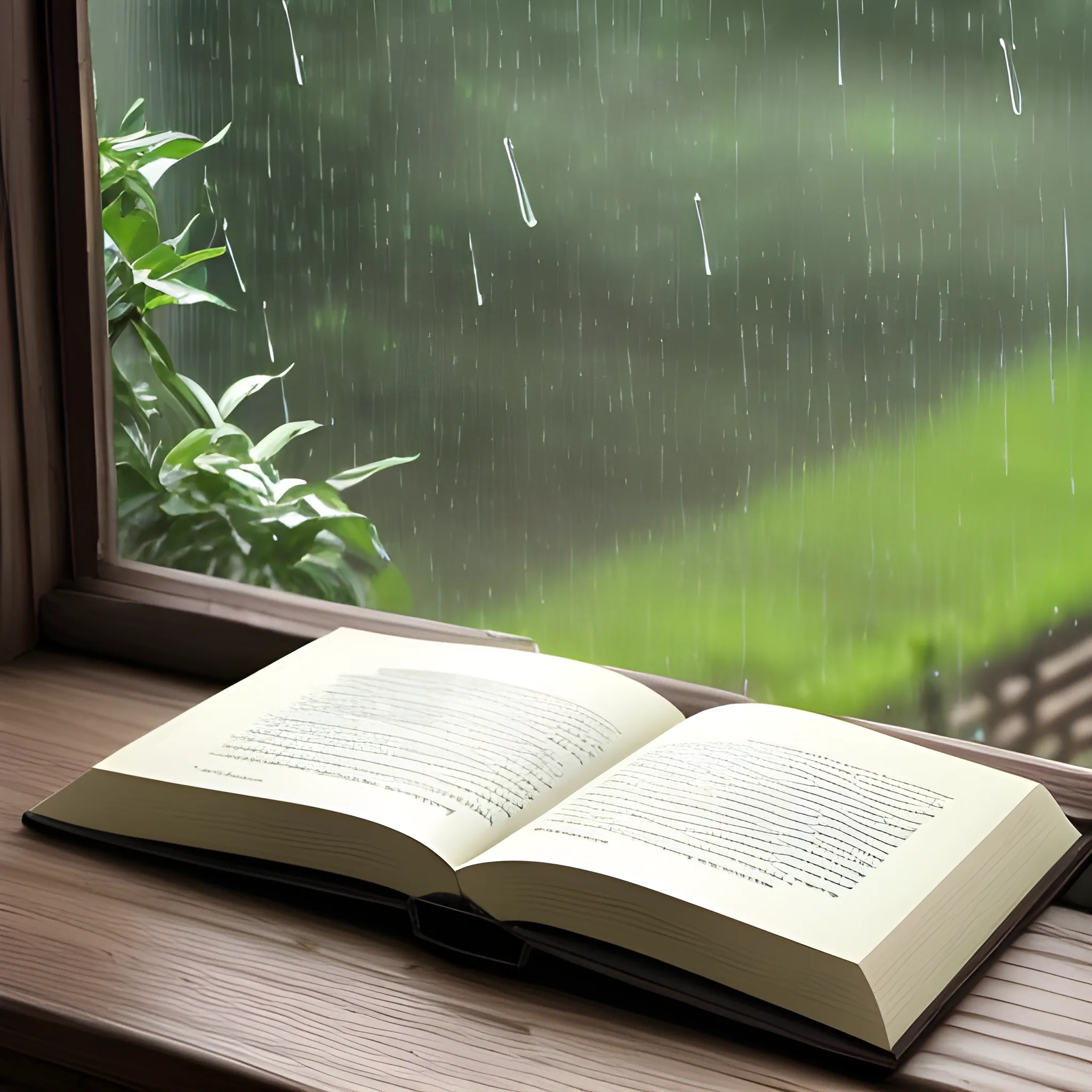 Open book on a table, in front of a window. Through the glass you can see a green landscape moistened by the rain. The table will be made of rustic wood and the book will be made of aged leaves.