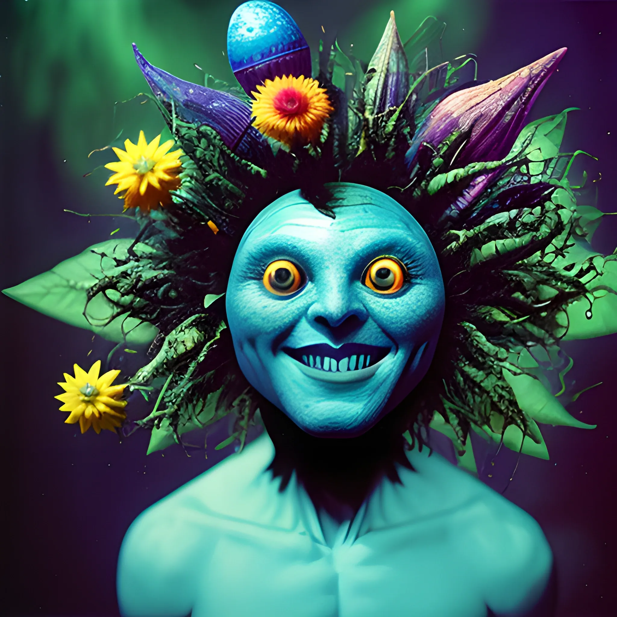 dark background starry night organic photo by tim walker mesmerizing smiling human-alien hybrid with expressive eyes and an amorphous head flowers, jungle the world's most psychedelic broken egg and spoon race,8k, blending surrealism, fantasy, and vivid colors, transports viewers to an imaginative world. captured with a canon ae-1, 50mm lens, iso 100, and cinestill 800t film, it's a vivid visual journey.