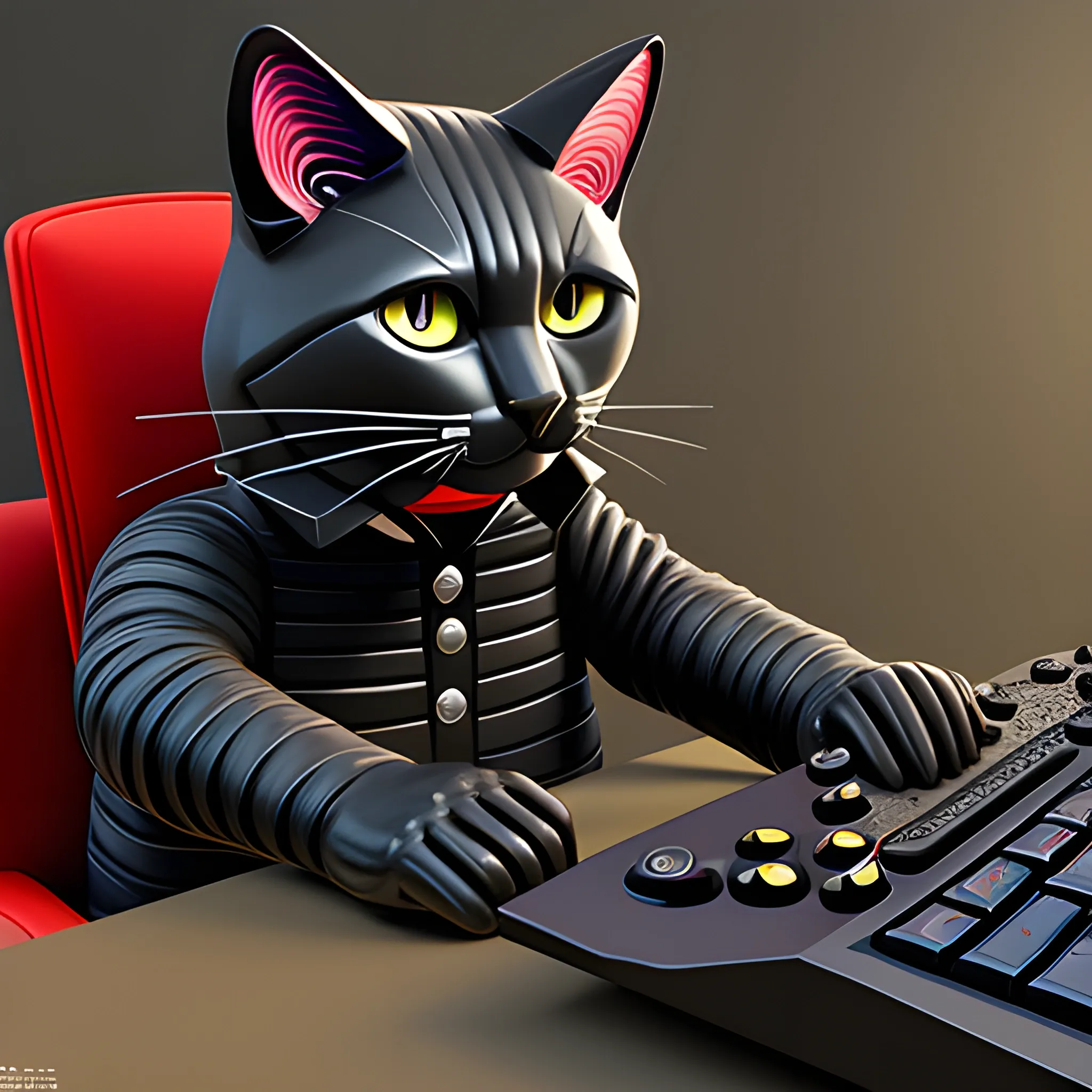 gato negro gamer, 3D, Oil Painting