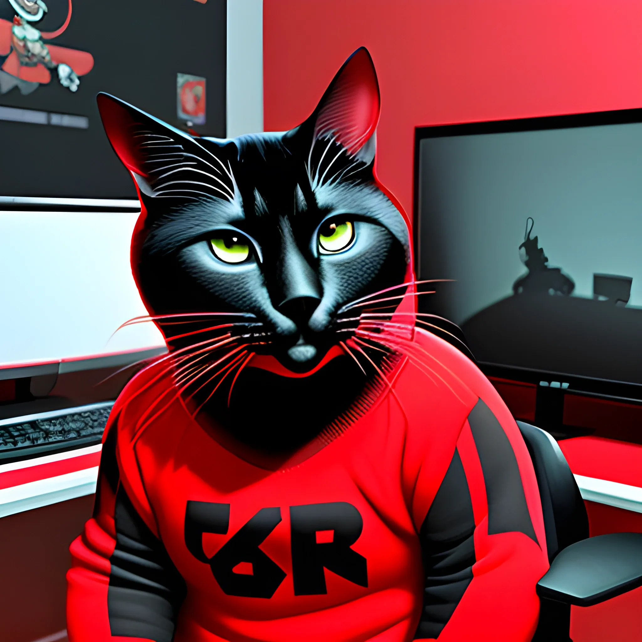 gato gordo gamer de color negro y rojo