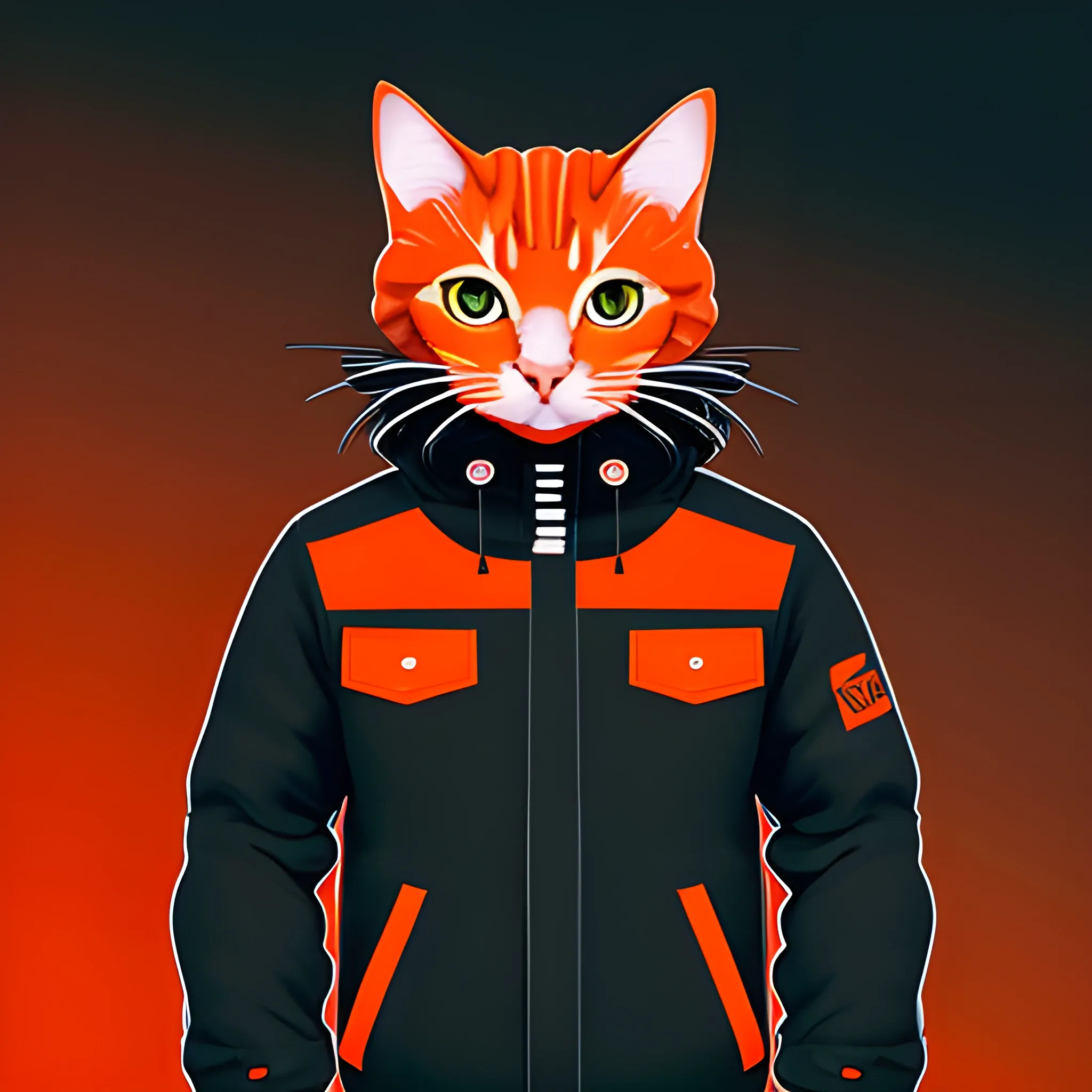 gato con campera naranja, de color negro y rojo, serio, jugando, gamer
