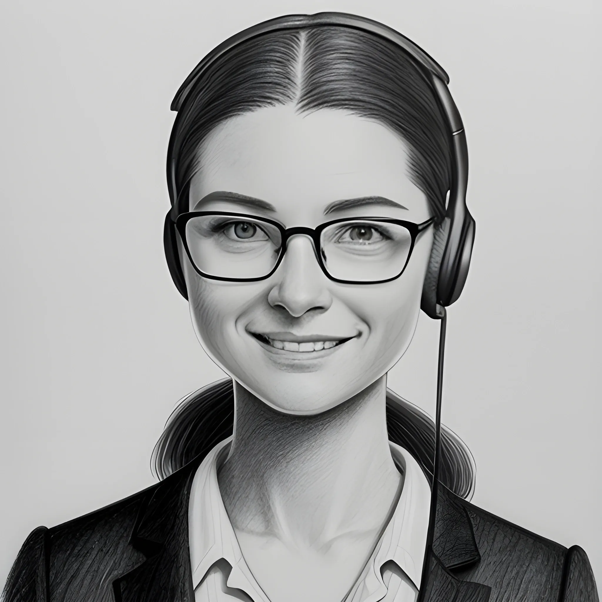 Emily, the customer care specialist, has a warm and welcoming appearance that puts customers at ease. She wears sleek, black-framed glasses that accentuate her attentive and intelligent gaze. Her shoulder-length brown hair is neatly pulled back in a professional ponytail, revealing a stylish headset with a noise-canceling microphone that ensures clear customer communication. Emily's friendly smile is a constant reminder of her empathetic nature, making her the ideal representative for any customer service interaction, hyper-realistic photography, 8k, indirect lighting --s 750, Pencil Sketch