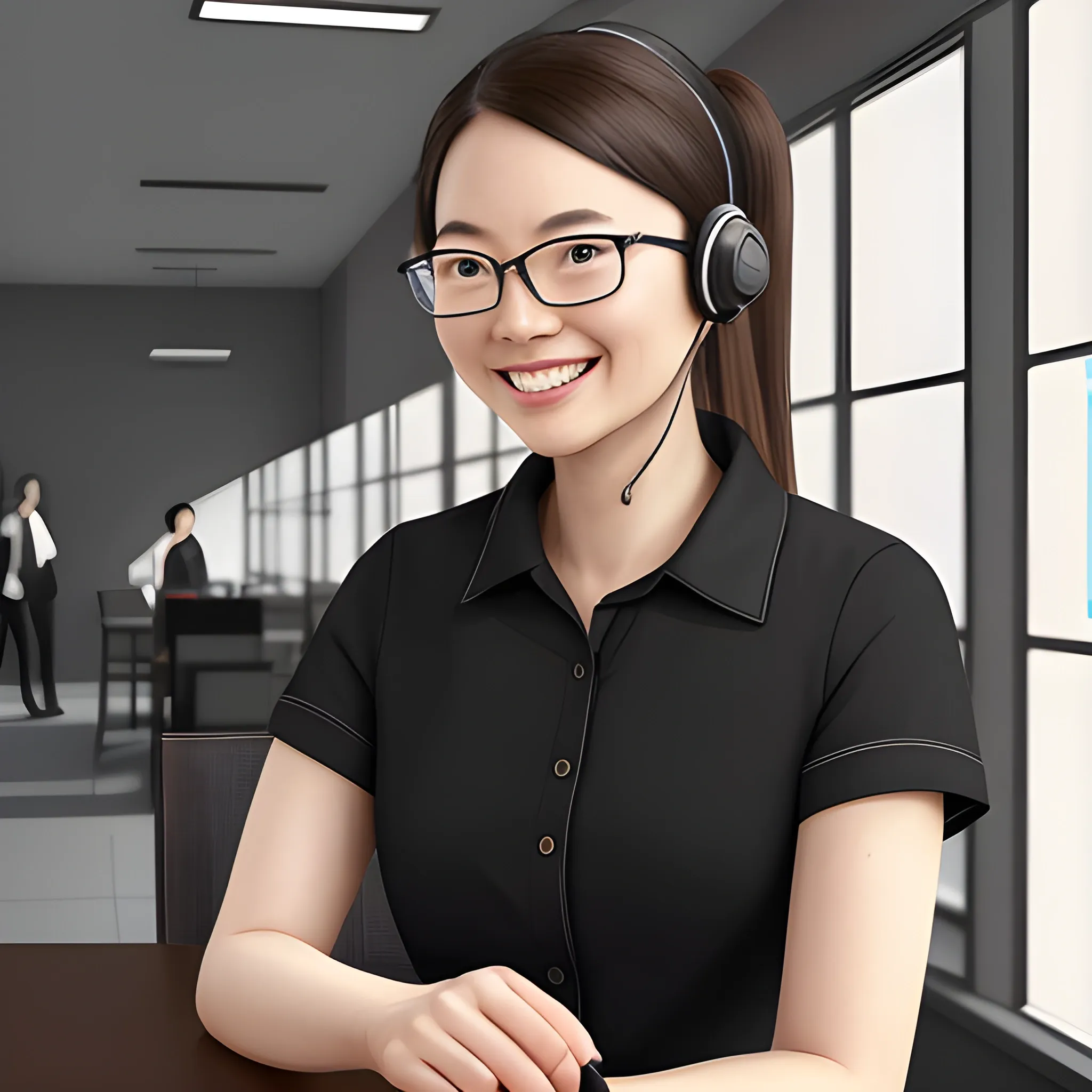 Emily, chinese female, the customer care specialist, has a warm and welcoming appearance that puts customers at ease. She wears sleek, black-framed glasses that accentuate her attentive and intelligent gaze. Her shoulder-length brown hair is neatly pulled back in a professional ponytail, revealing a stylish headset with a noise-canceling microphone that ensures clear customer communication. Emily's friendly smile is a constant reminder of her empathetic nature, making her the ideal representative for any customer service interaction, hyper-realistic photography, 8k, indirect lighting --s 750, Pencil Sketch
