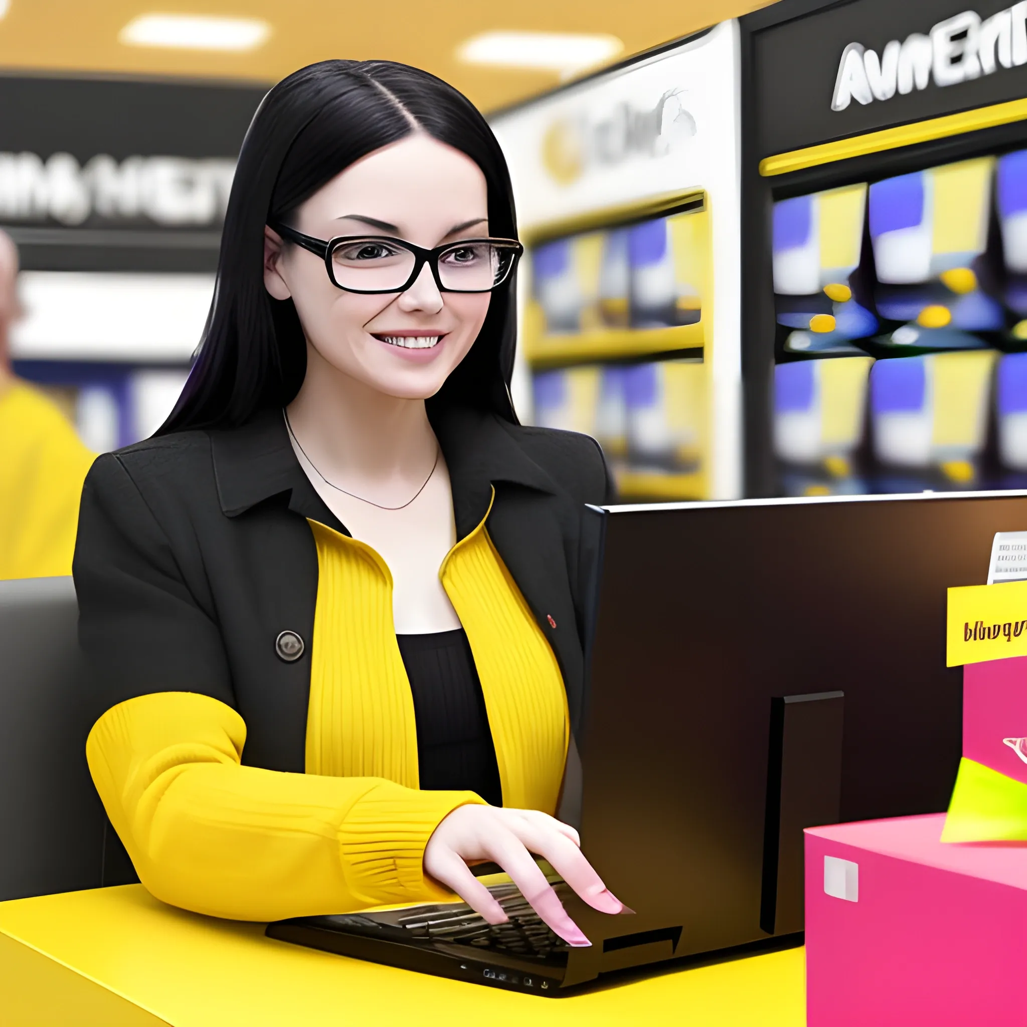 I need an image that shows a woman buying a computer on Black Friday on the internet, which this year has as its campaign motto, this Black Friday, go for yellow, 3D