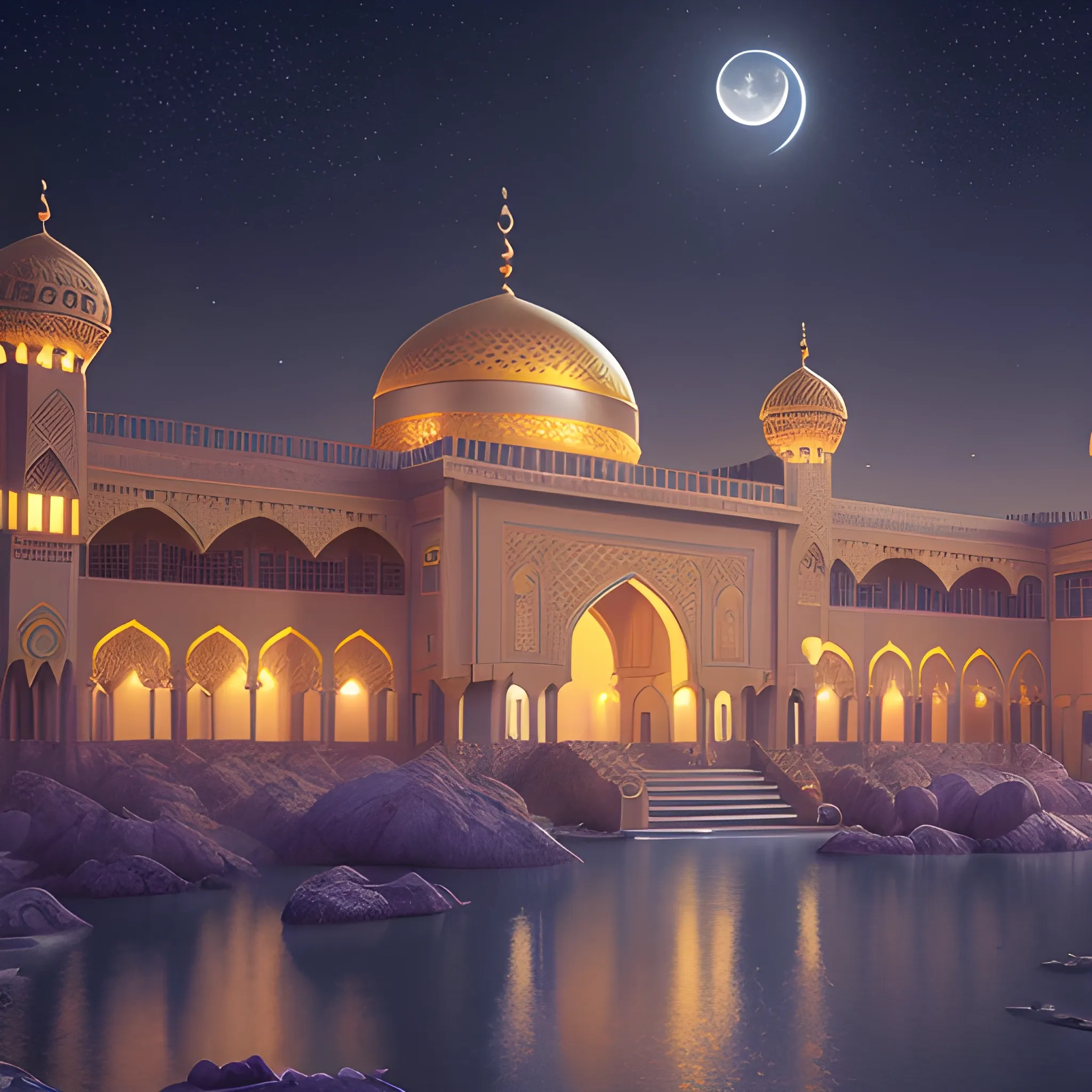 arab palace, sultan's palace, night, stars, moon, 8k, high resolution, high quality, photorealistic, hyperrealistic, detailed, detailed matte painting, deep color, fantastical, intricate detail, splash screen, complementary colors, fantasy concept art, 8k resolution trending on Artstation Unreal Engine, high quality of details