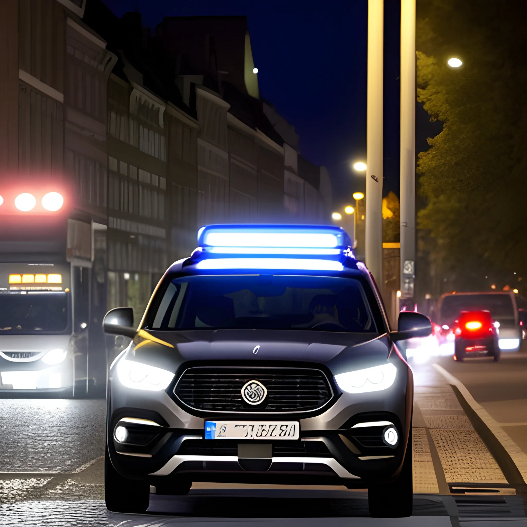 suv nachts stadt zwielichtig dunkel straßenlaterne, eine Person steht neben dem Auto, foto
