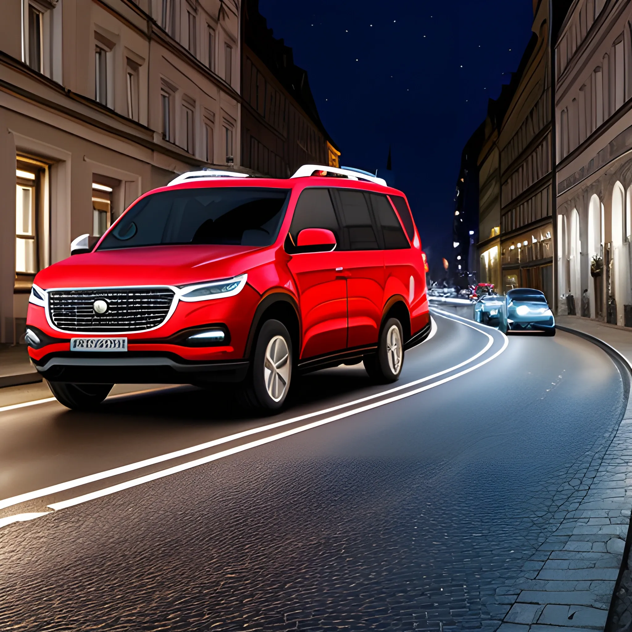 suv von der seite vorne, nachts im straßenverkehr, foto, verfolgungsjagd

