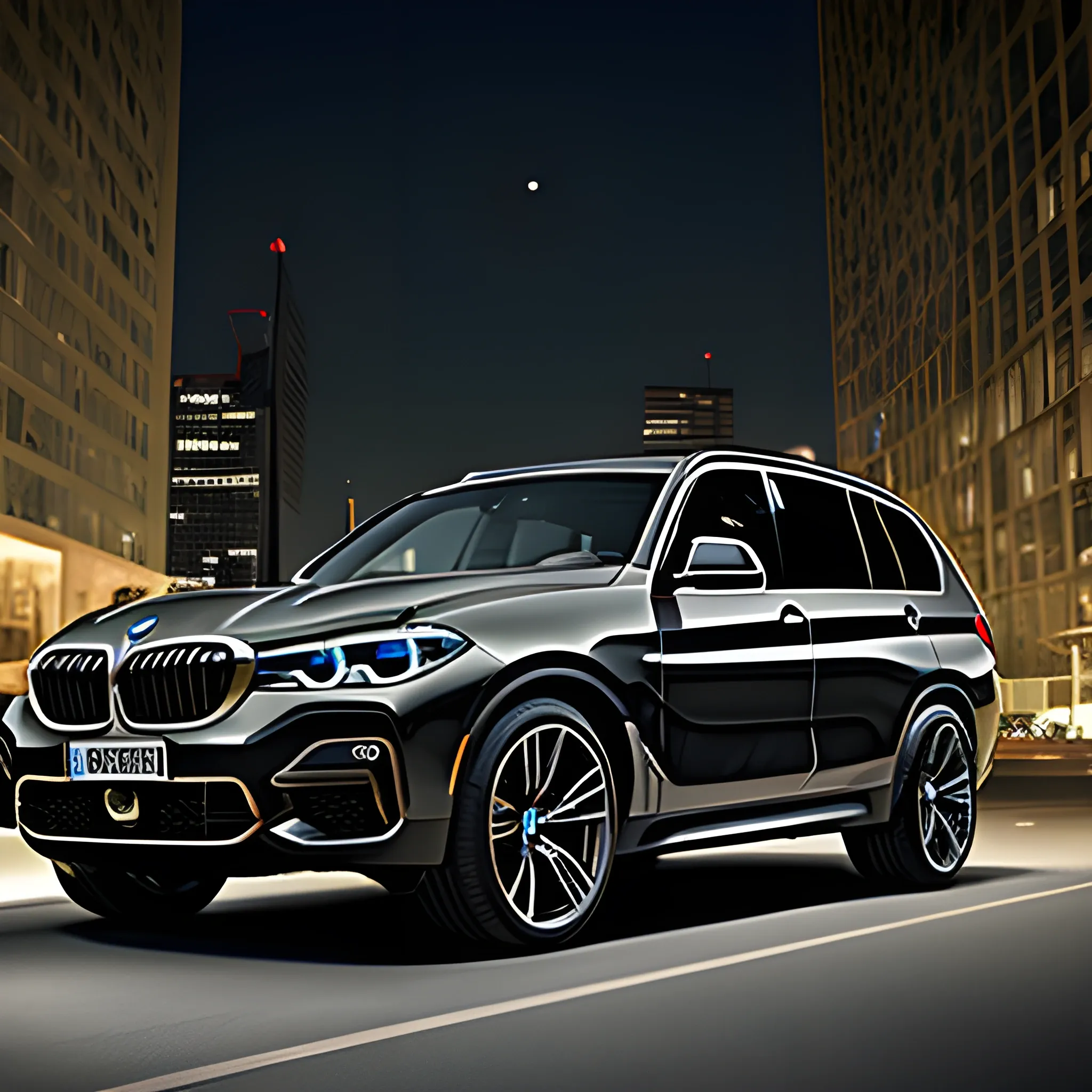 Luxury SUV BMW parked roadside downtown, at dark night, realistic photo

