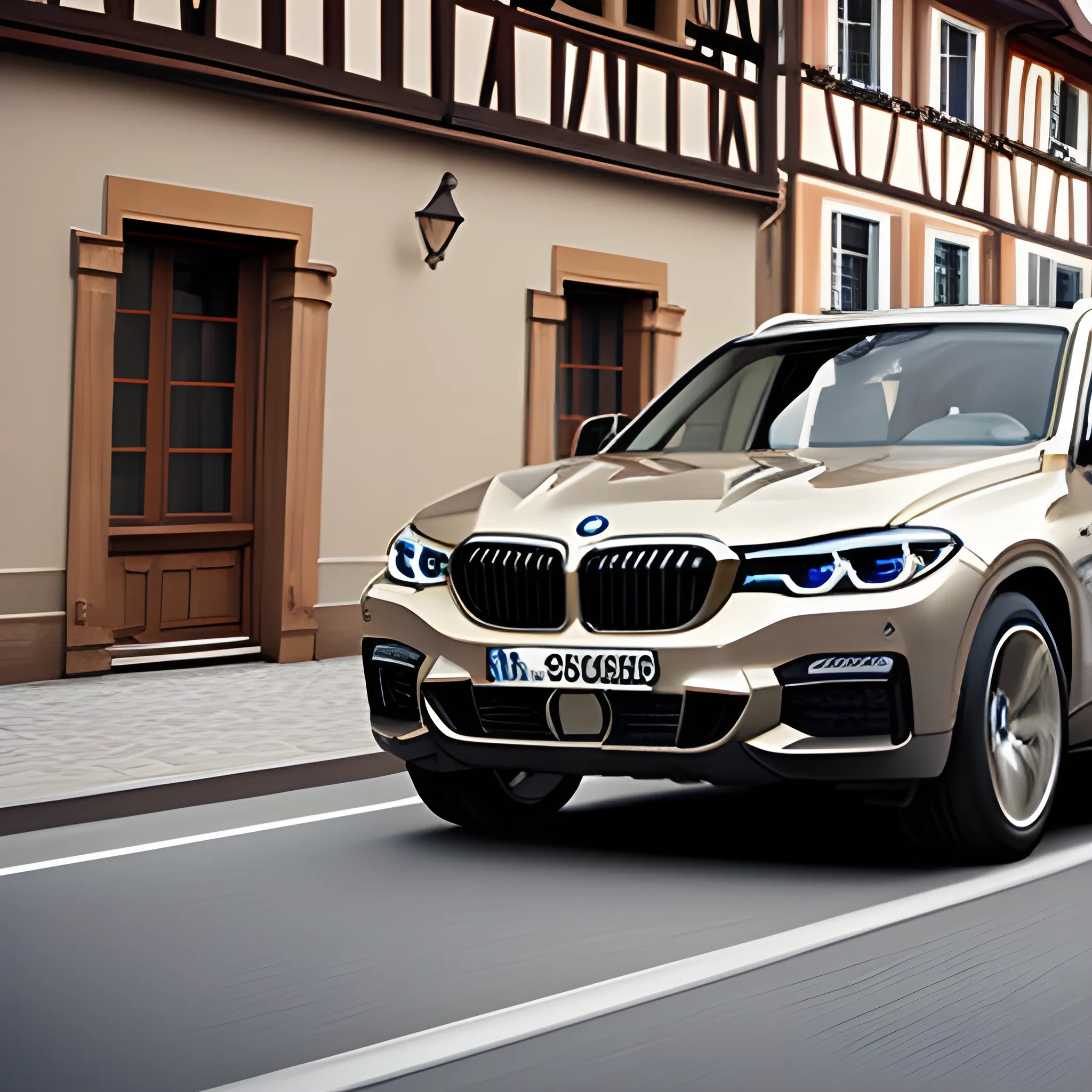 Luxury SUV BMW driving in an old german town, realistic photo

