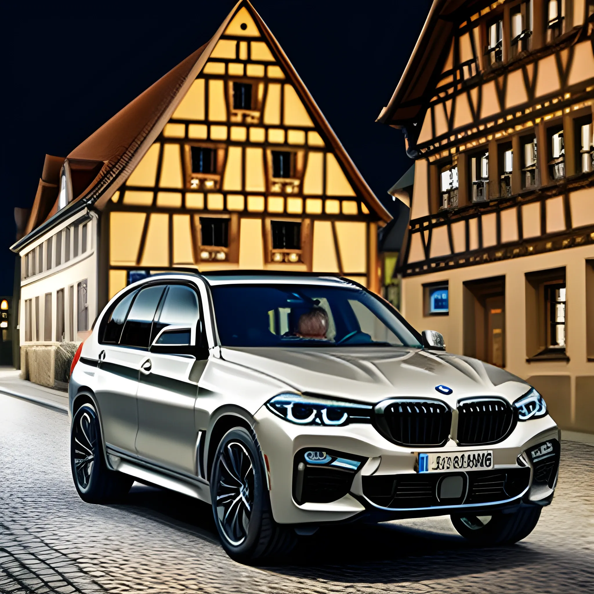 Luxury SUV BMW driving in an old german town, realistic photo, night

