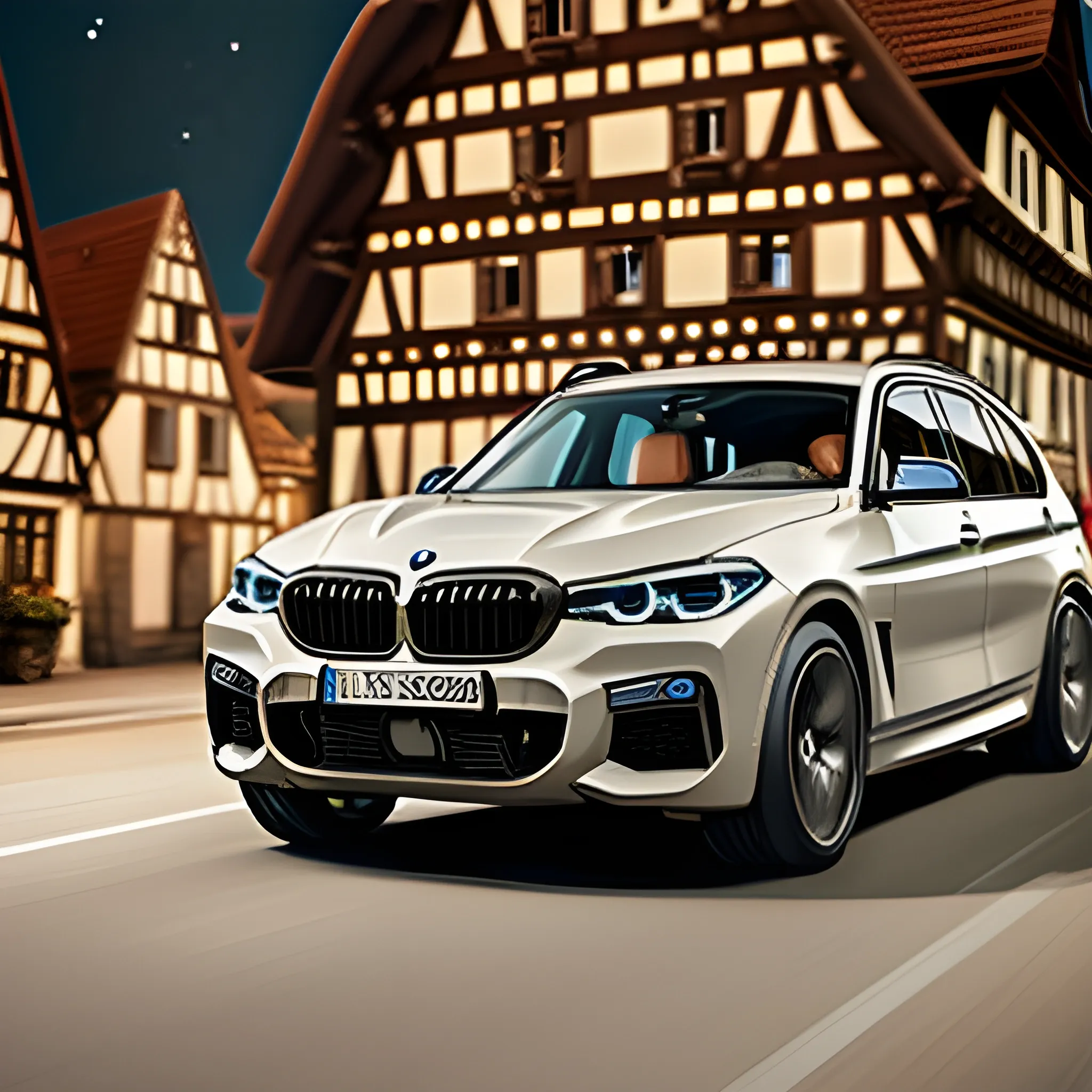 Luxury SUV BMW driving fast in an old german town, realistic photo, night

