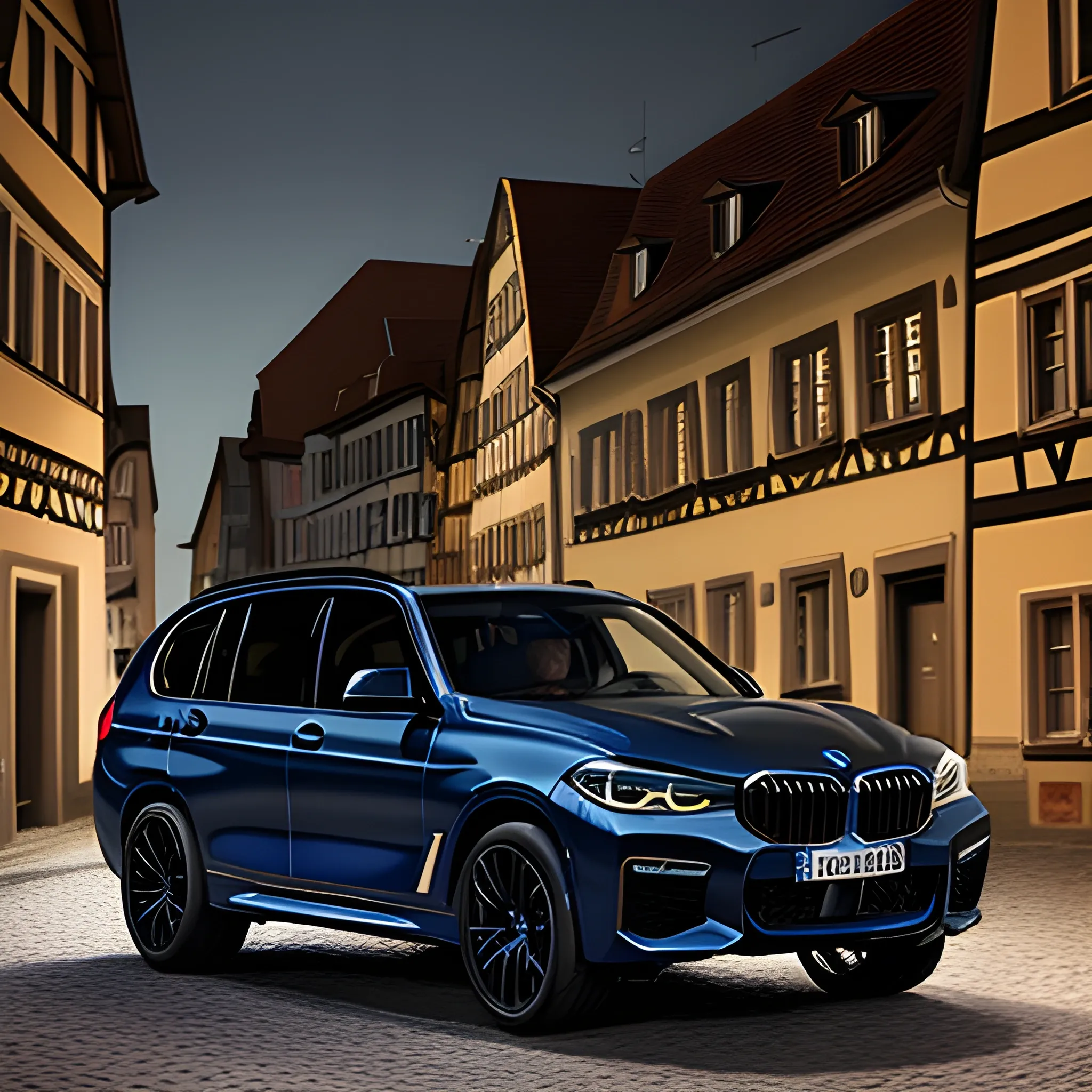 Luxury dark-blue SUV BMW driving fast in an old german town, realistic photo, night

