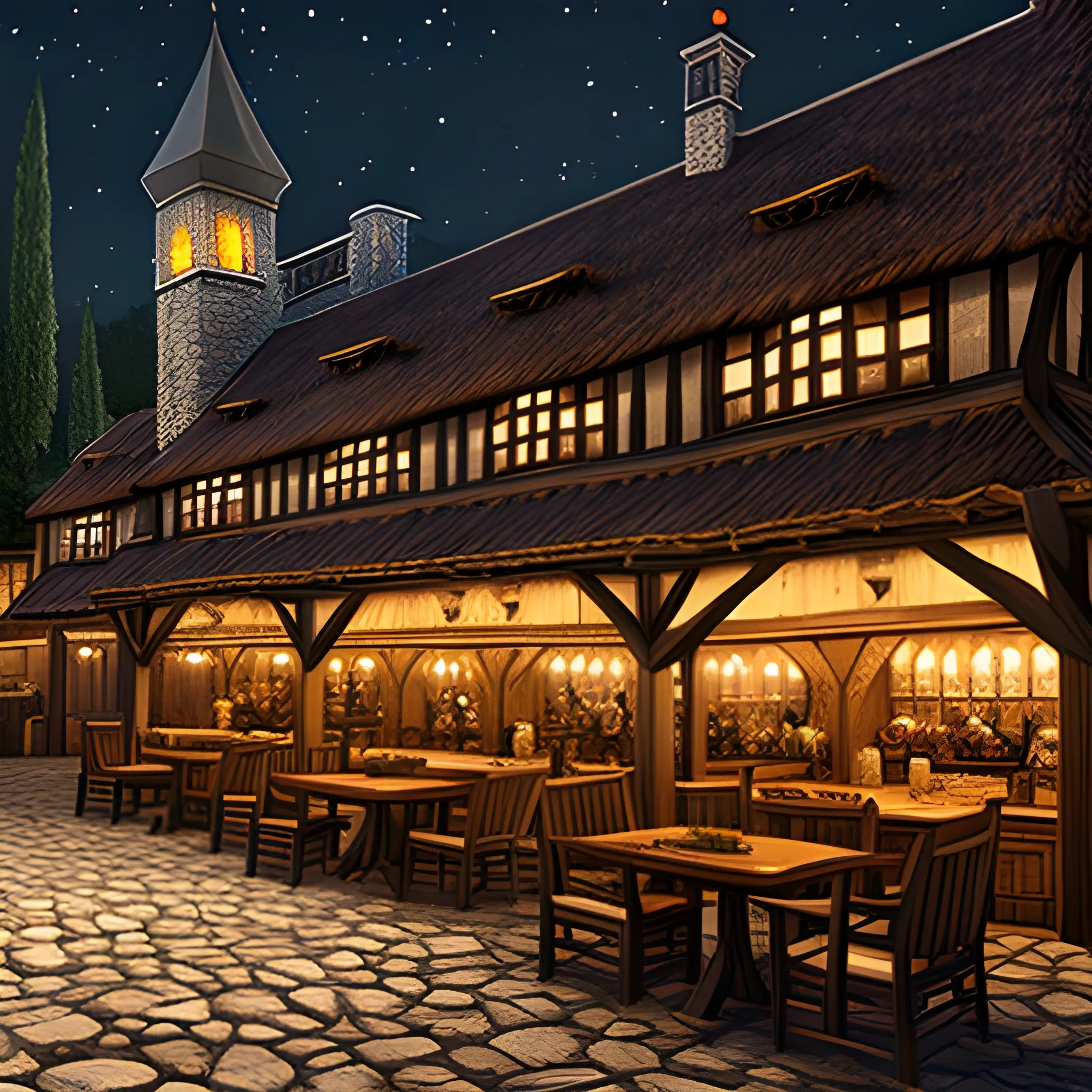 small village, medieval night time, tavern, realism