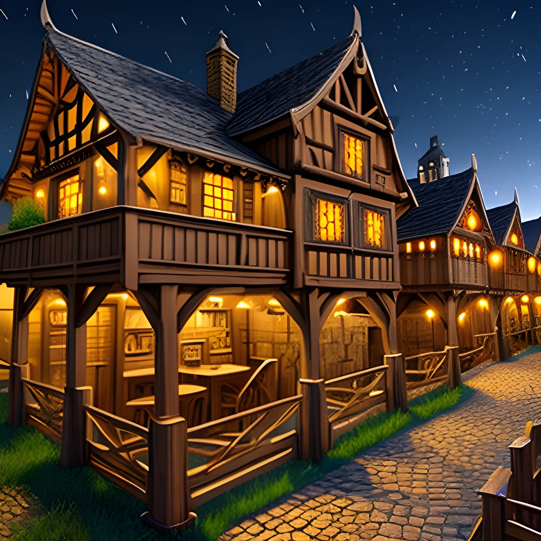 small village, medieval night time, wooden

