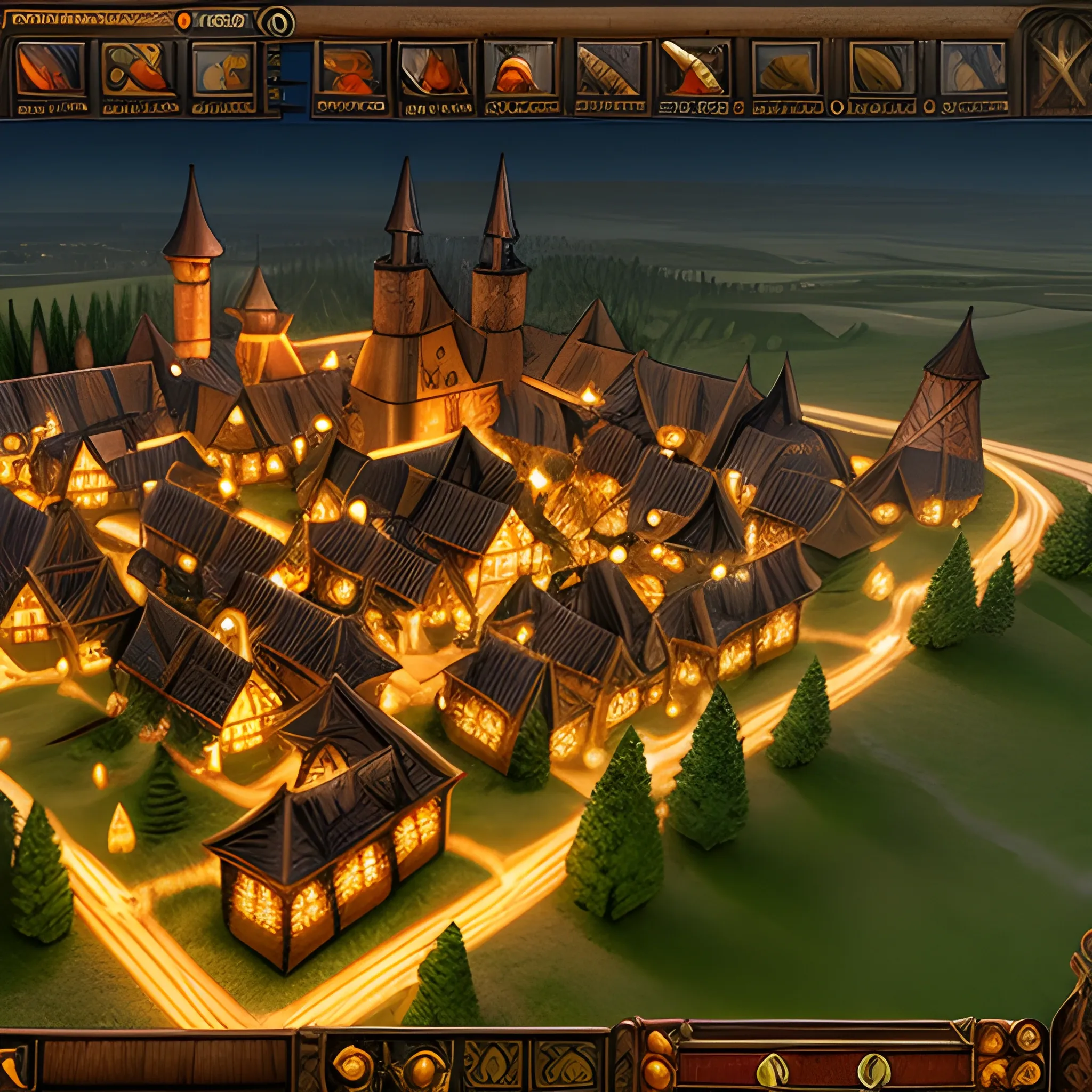 small village, medieval night time, wooden , zoomed out - Arthub.ai