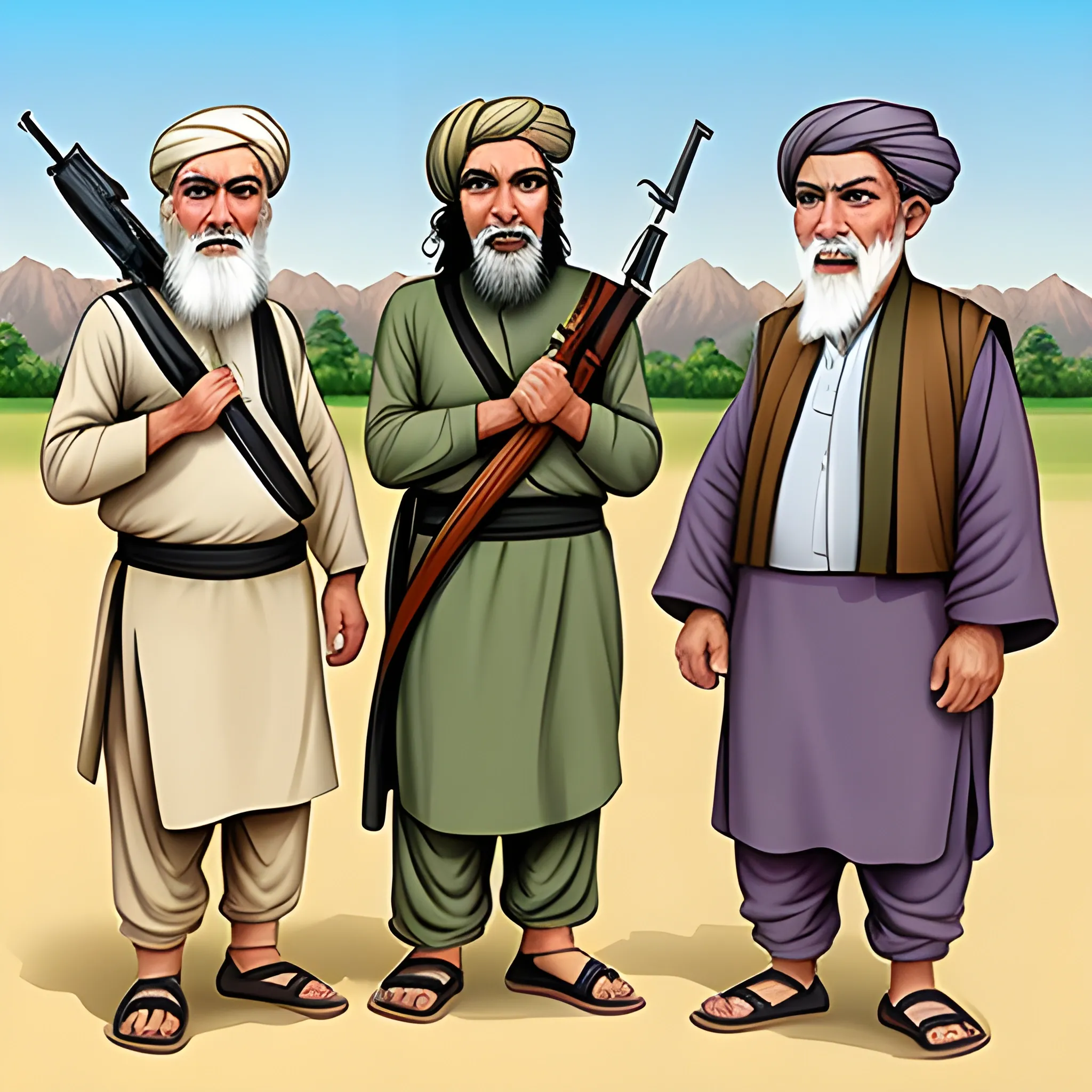 two old and funny fighter of Taliban with four wieves, Cartoon, Cartoon