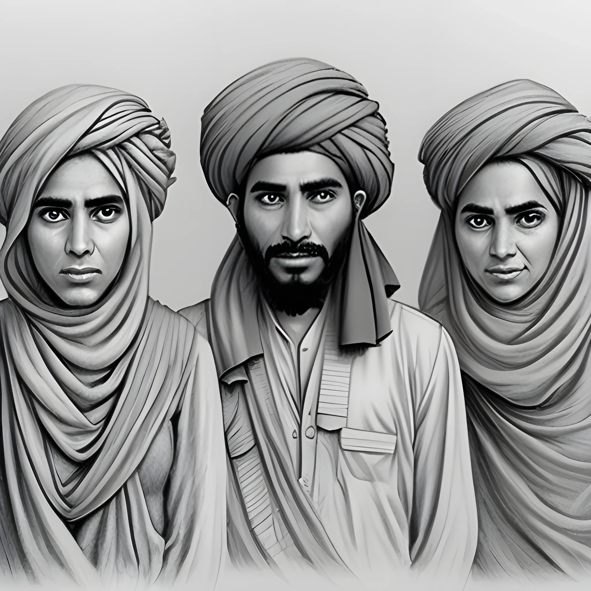 A funny fighter of Taliban with four  his wieves, , Pencil Sketch