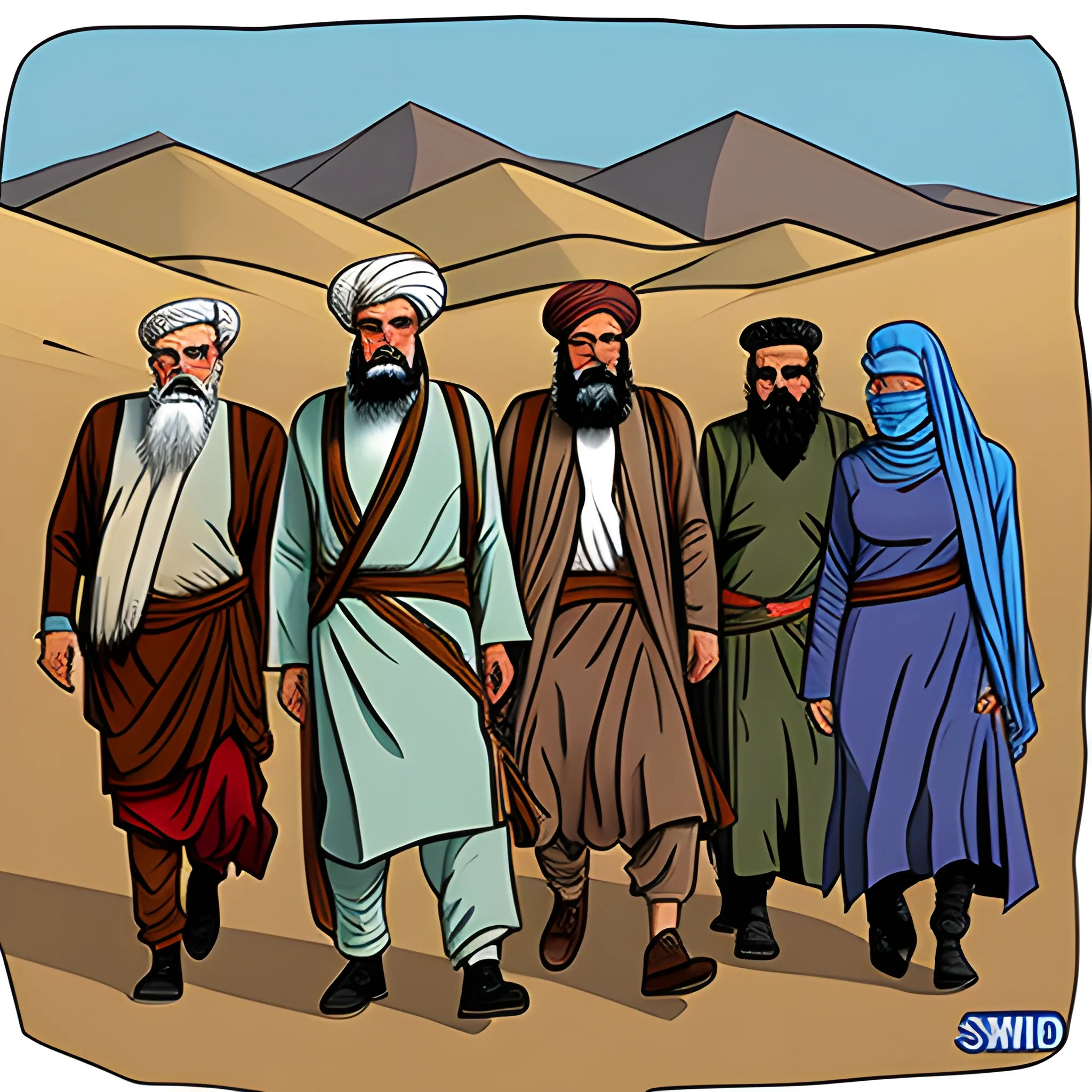 a Taliban old fighter with his young boy and his four wives in sad mod, Cartoon, landscape 