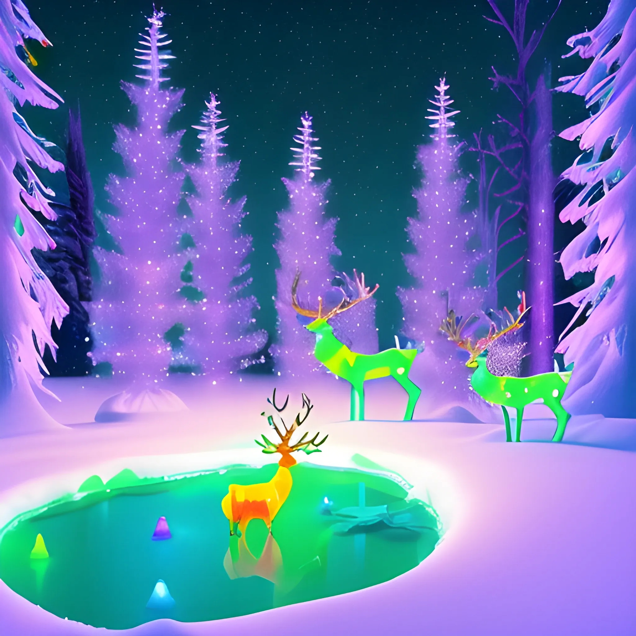 lean, beautiful cartoon reindeers on a frozen pond, Christmas ambiance, dayglo orange, chartreuse green, neon grape purple, spray paint, ink in water, luminous color sparkles, smoke, deep forest, glitter snow, snowflakes, pine trees, nebula sky, super-cute, adorable, beautiful, happy scene, 3D