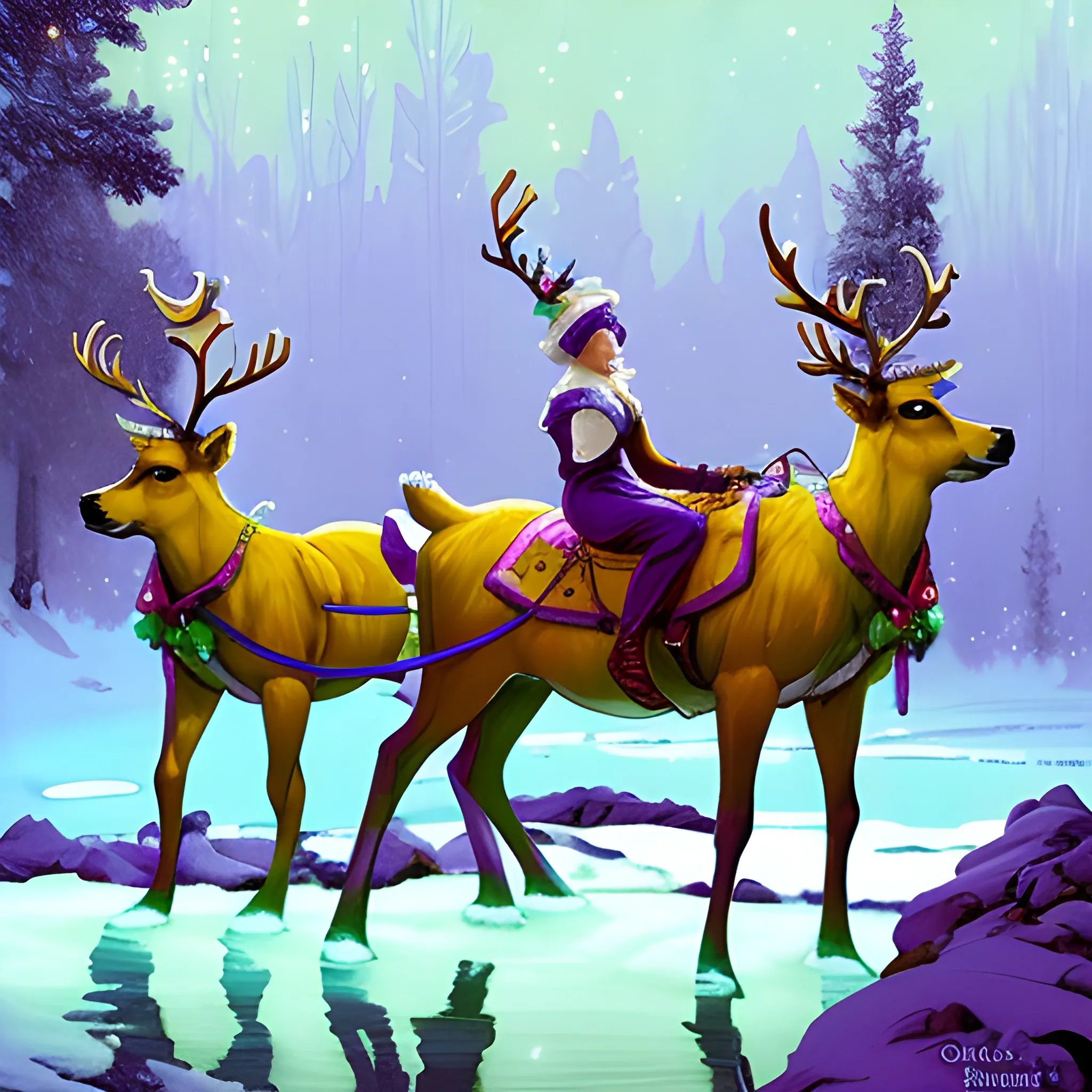 lean, beautiful cartoon reindeers on a frozen pond, Christmas am ...