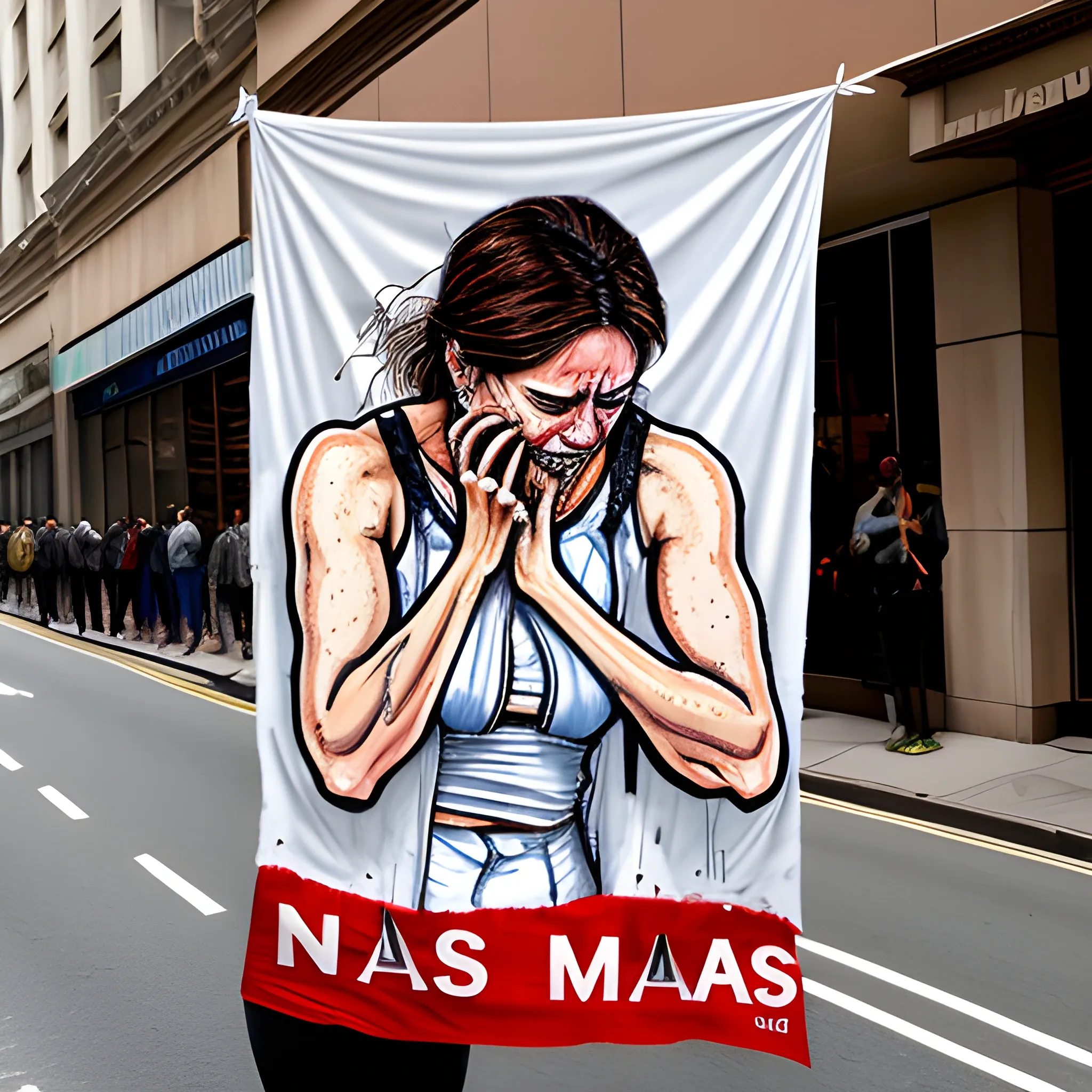 Poor child. Crying. Desperate. Torn clothes, Banner in hands saying NO MAS MASSA. Realistic. Protest.