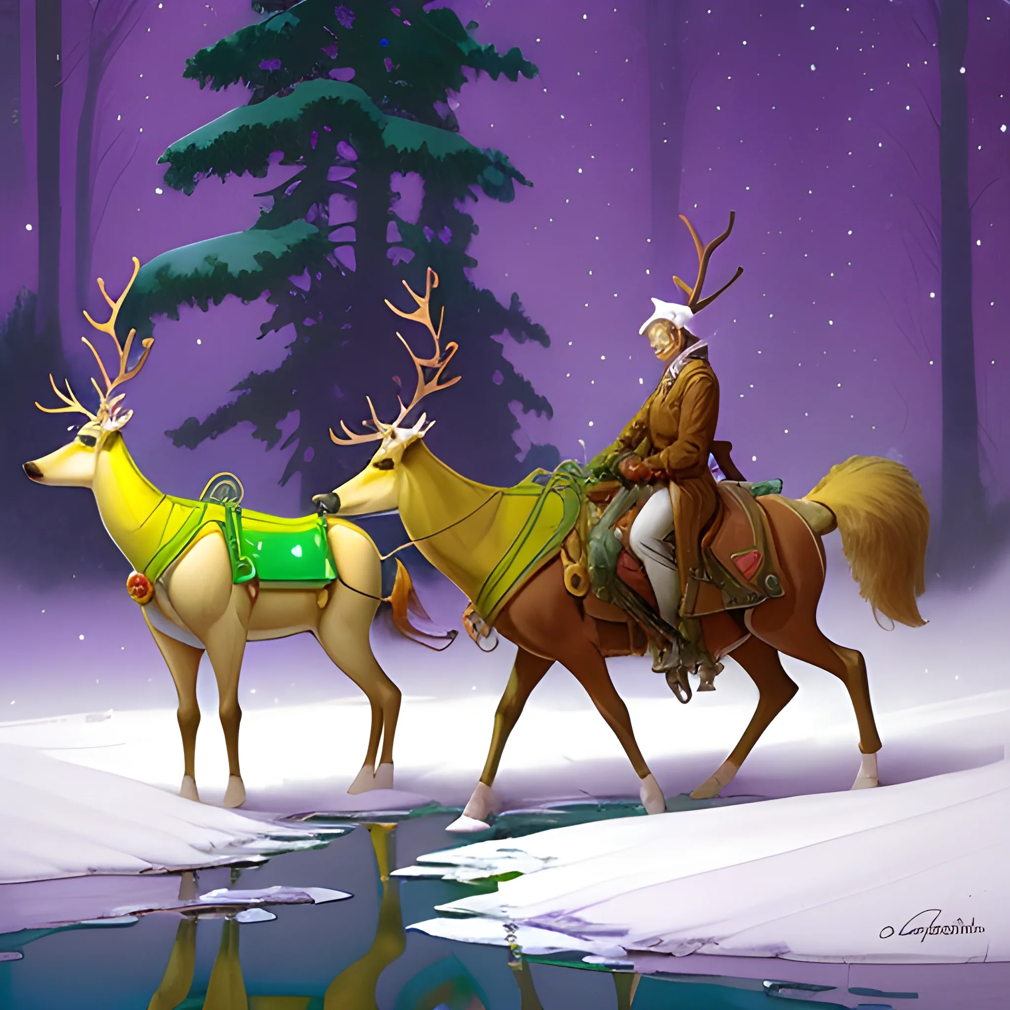 lean, beautiful cartoon reindeers on a frozen pond, Christmas am ...