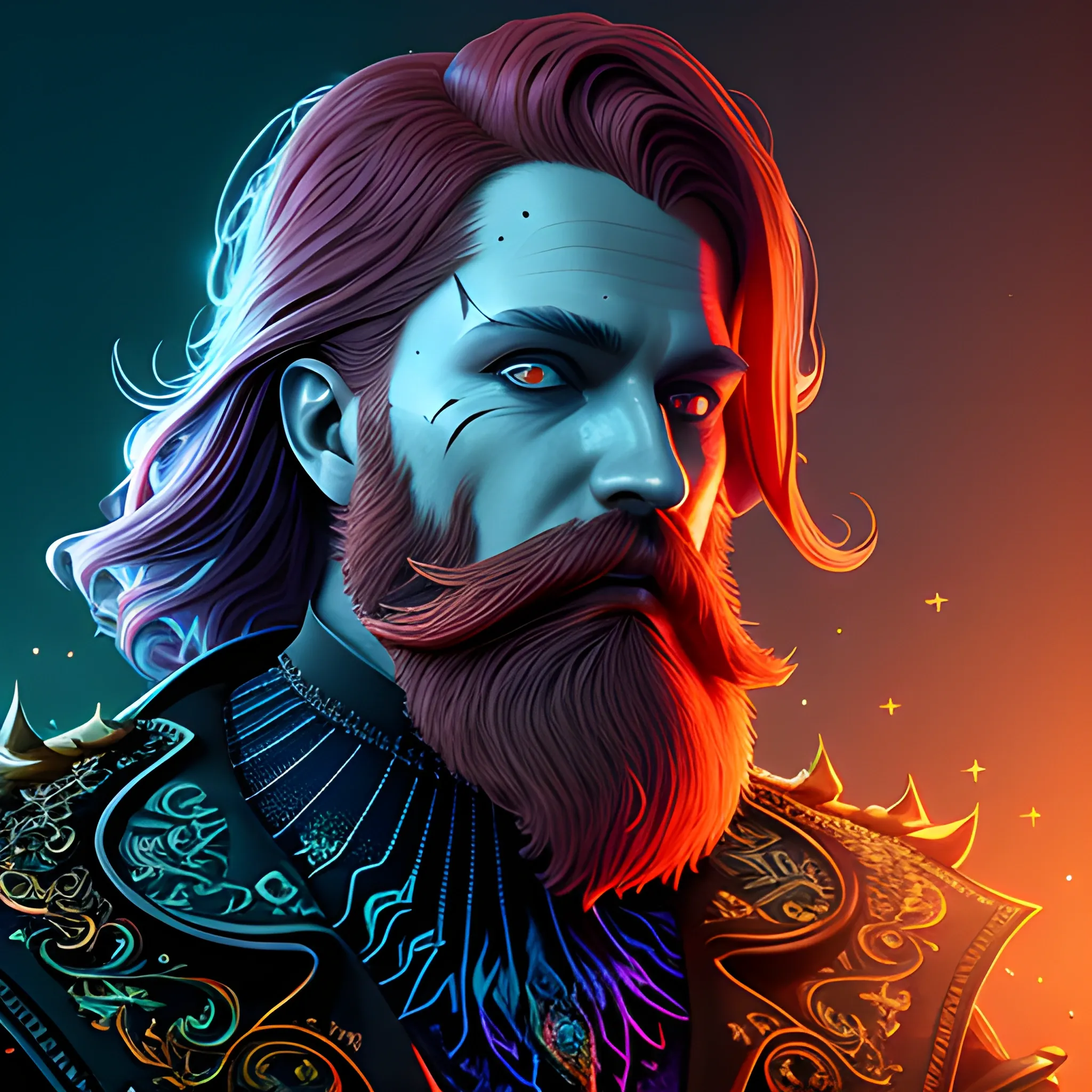 long hair, beard, redhead, vilain, luminous colorful sparkles, ominous, eldritch, macabre, spooky; by James R. Eads, Gawki, rajewel, Tania Rivilis, Dan Mumford, glitter, airbrush, Octane Render, elegant, volumetric lighting, 16k; detailed matte painting, deep color, fantastical, intricate detail, splash screen, complementary colors, fantasy concept art, 8k resolution trending on Artstation Unreal Engine 5, 