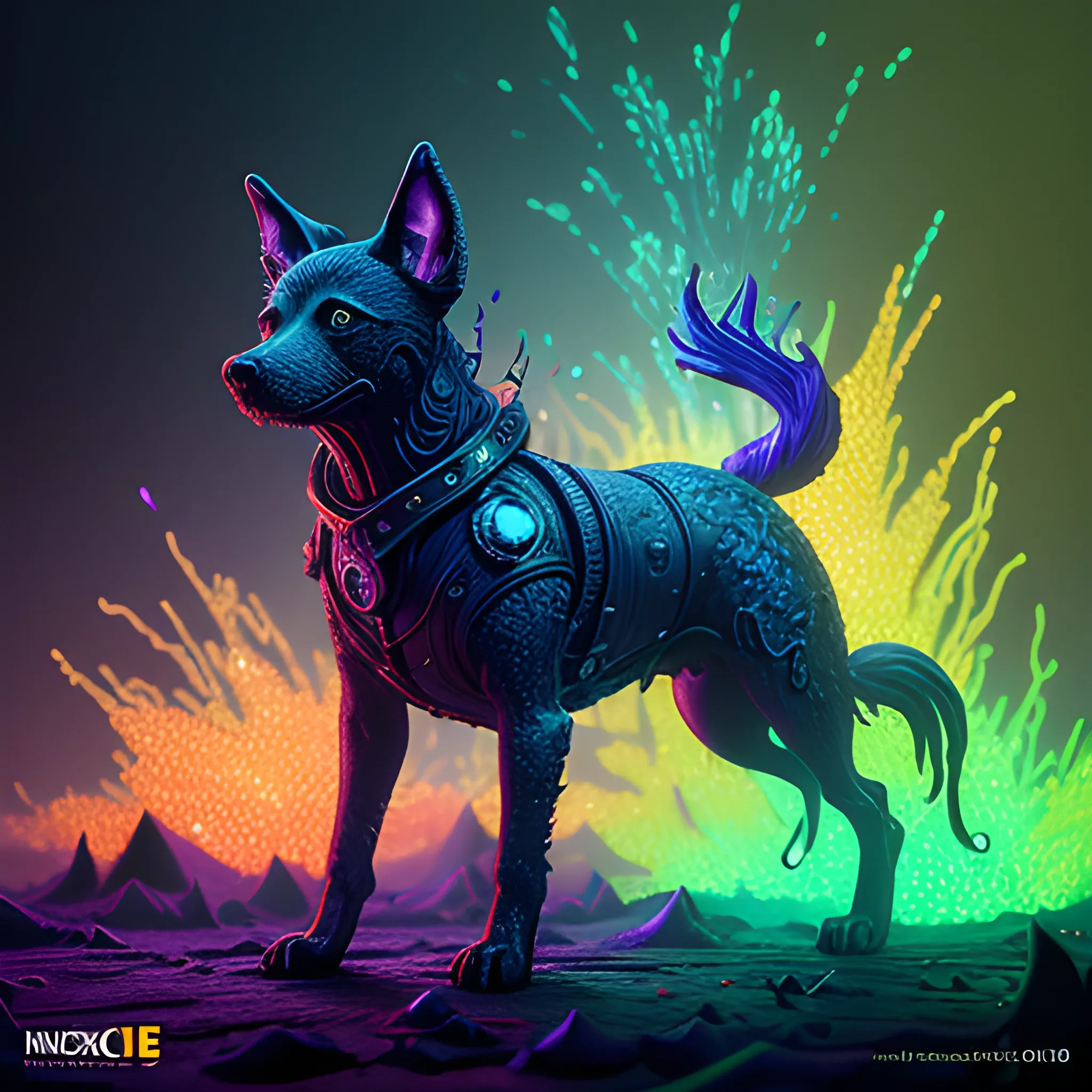  fire dog, hell dog, luminous colorful sparkles, ominous, eldritch, macabre, spooky; by James R. Eads, Gawki, rajewel, Tania Rivilis, Dan Mumford, glitter, airbrush, Octane Render, elegant, volumetric lighting, 16k; detailed matte painting, deep color, fantastical, intricate detail, splash screen, complementary colors, fantasy concept art, 8k resolution trending on Artstation Unreal Engine 5