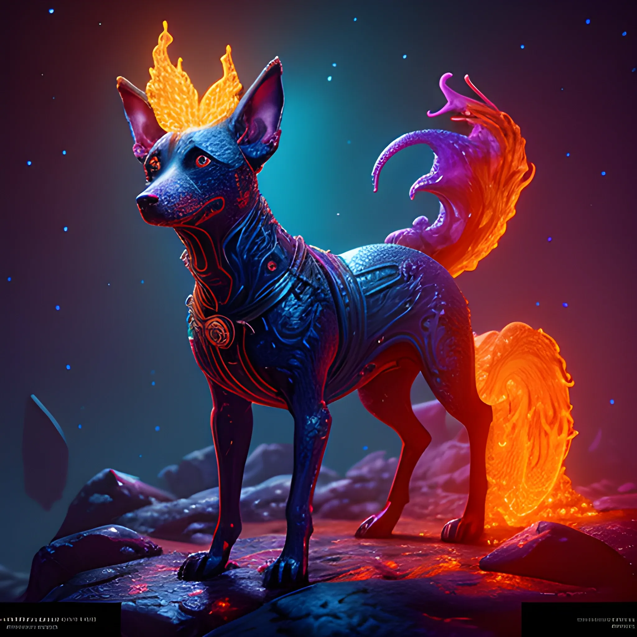  fire dog, hell dog, luminous colorful sparkles, ominous, eldritch, macabre, spooky; by James R. Eads, Gawki, rajewel, Tania Rivilis, Dan Mumford, glitter, airbrush, Octane Render, elegant, volumetric lighting, 16k; detailed matte painting, deep color, fantastical, intricate detail, splash screen, complementary colors, fantasy concept art, 8k resolution trending on Artstation Unreal Engine 5