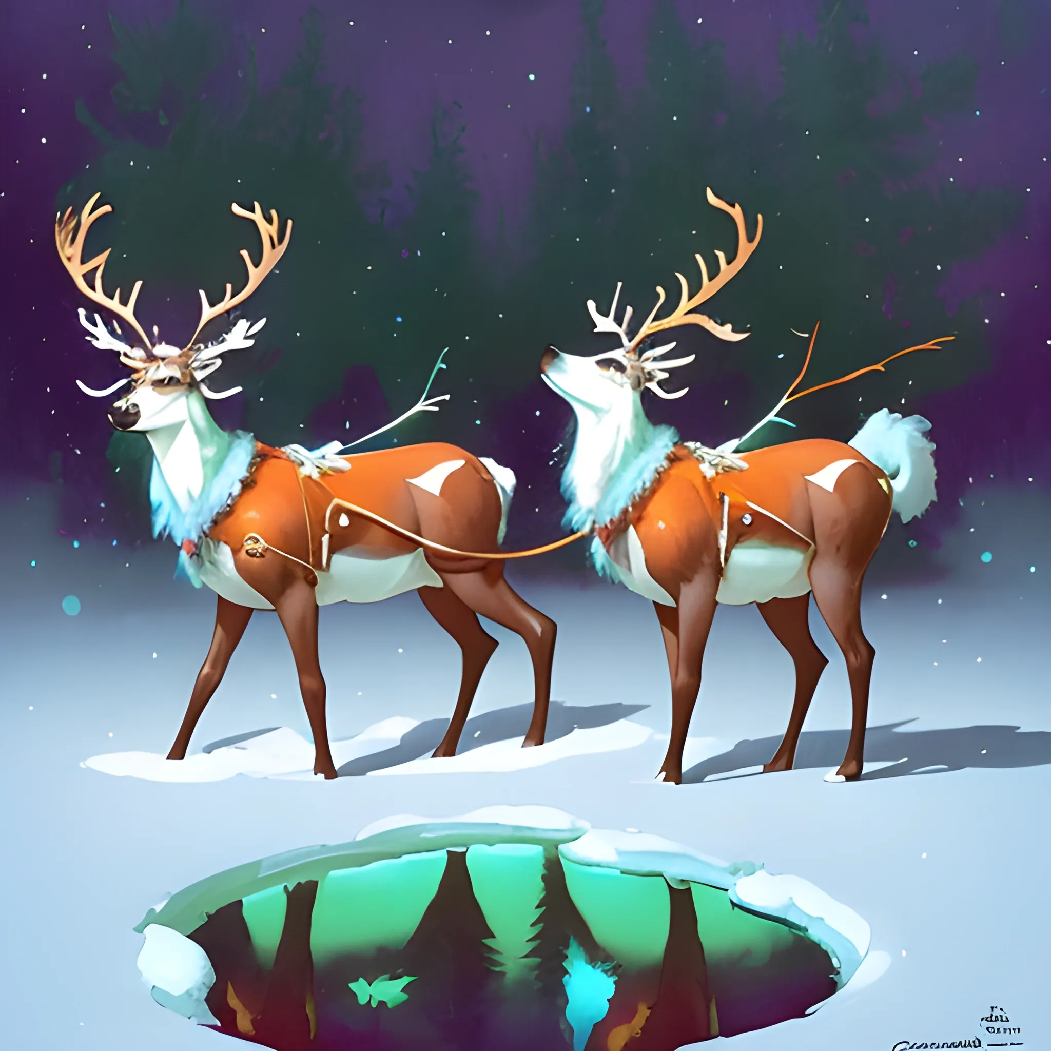 lean, beautiful cartoon reindeers on a frozen pond, Christmas am ...