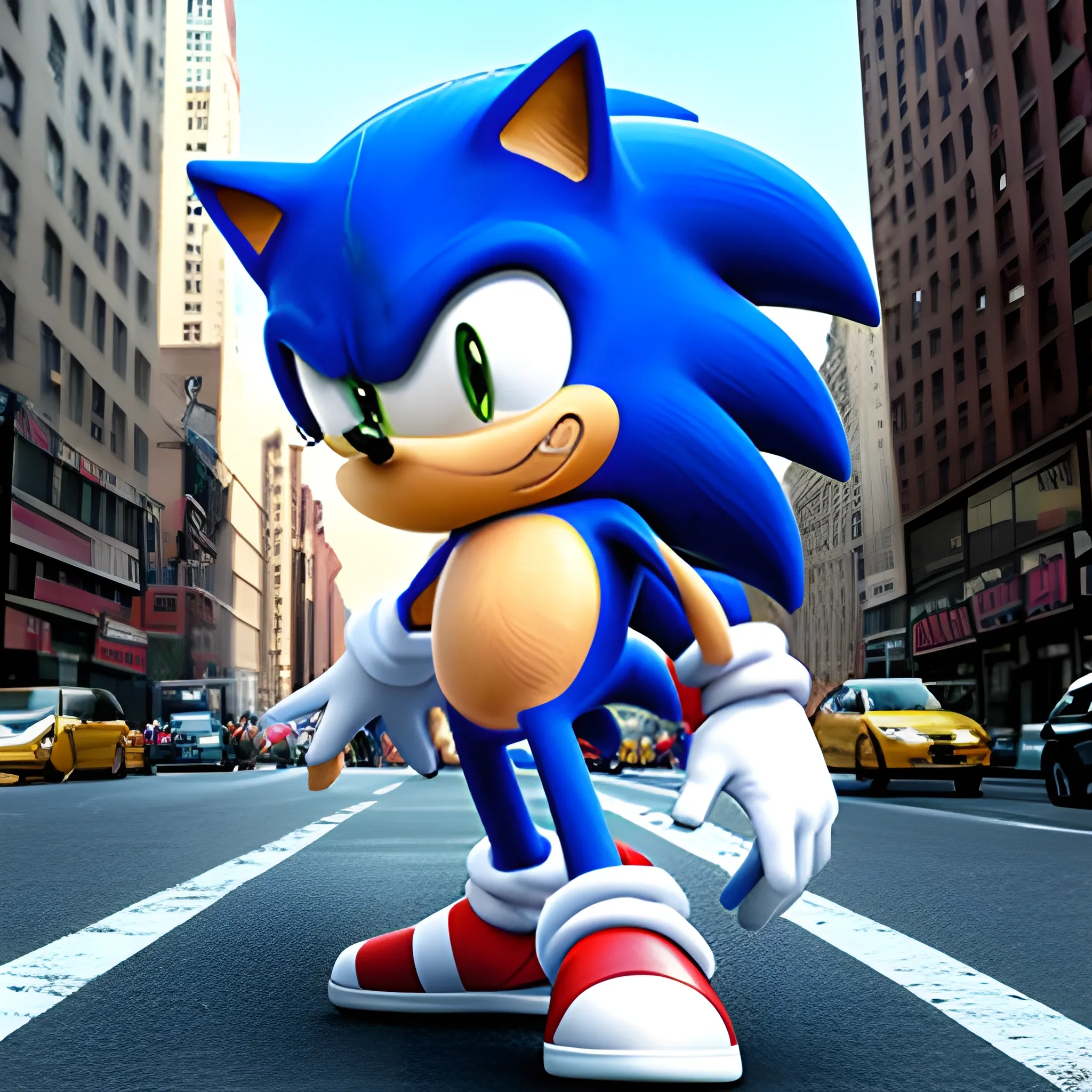 Sonic transformandose en messi, en new york, 3D