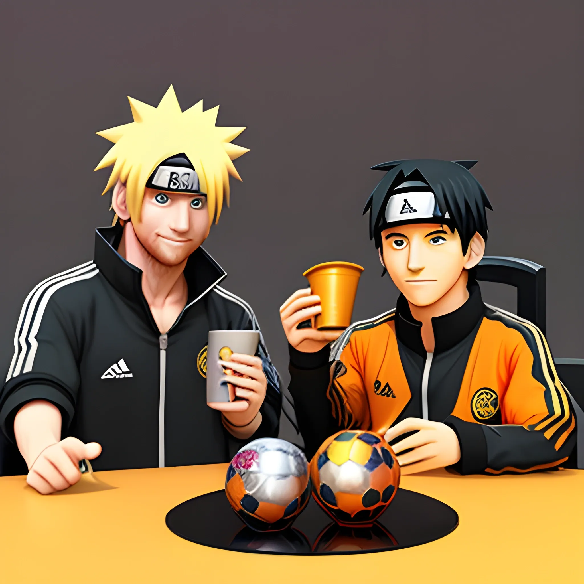 Messi tomando mate con Naruto, en Konoha destruida, 3D