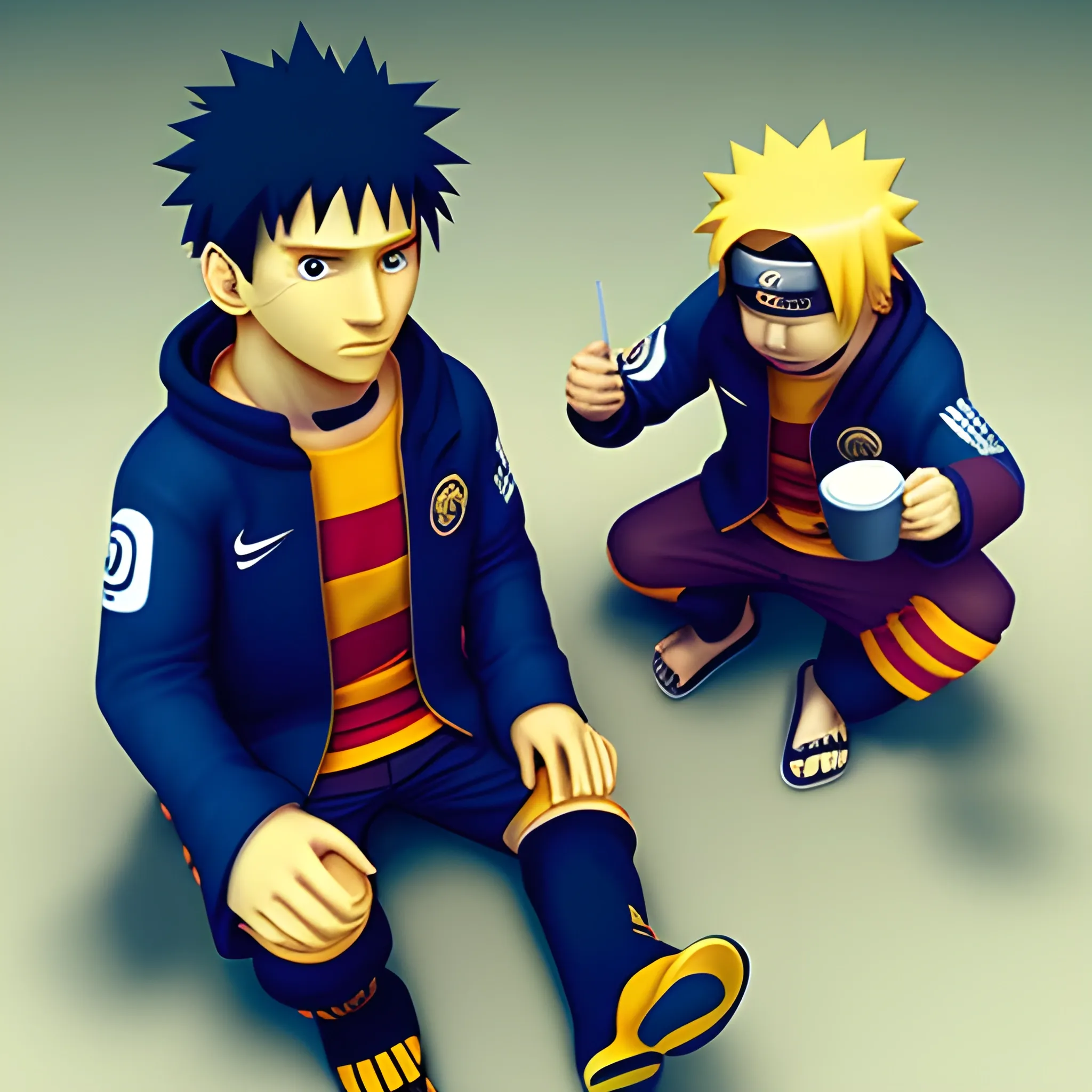 Messi tomando mate con Naruto, en Konoha destruida, 3D