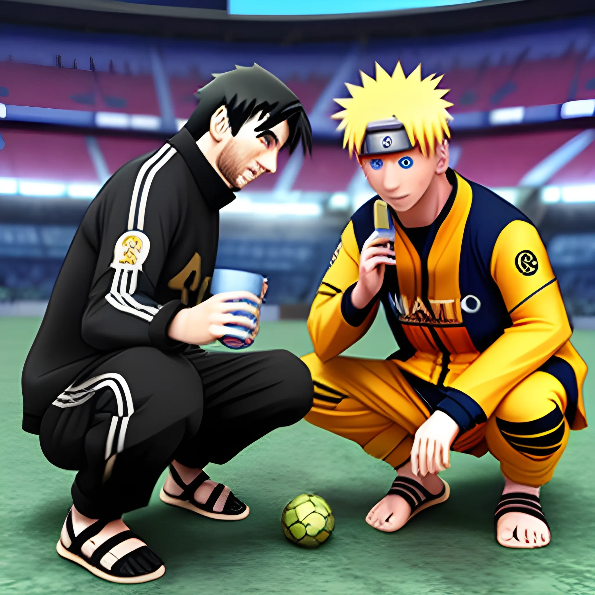 Messi tomando mate con Naruto, en Konoha destruida, 3D