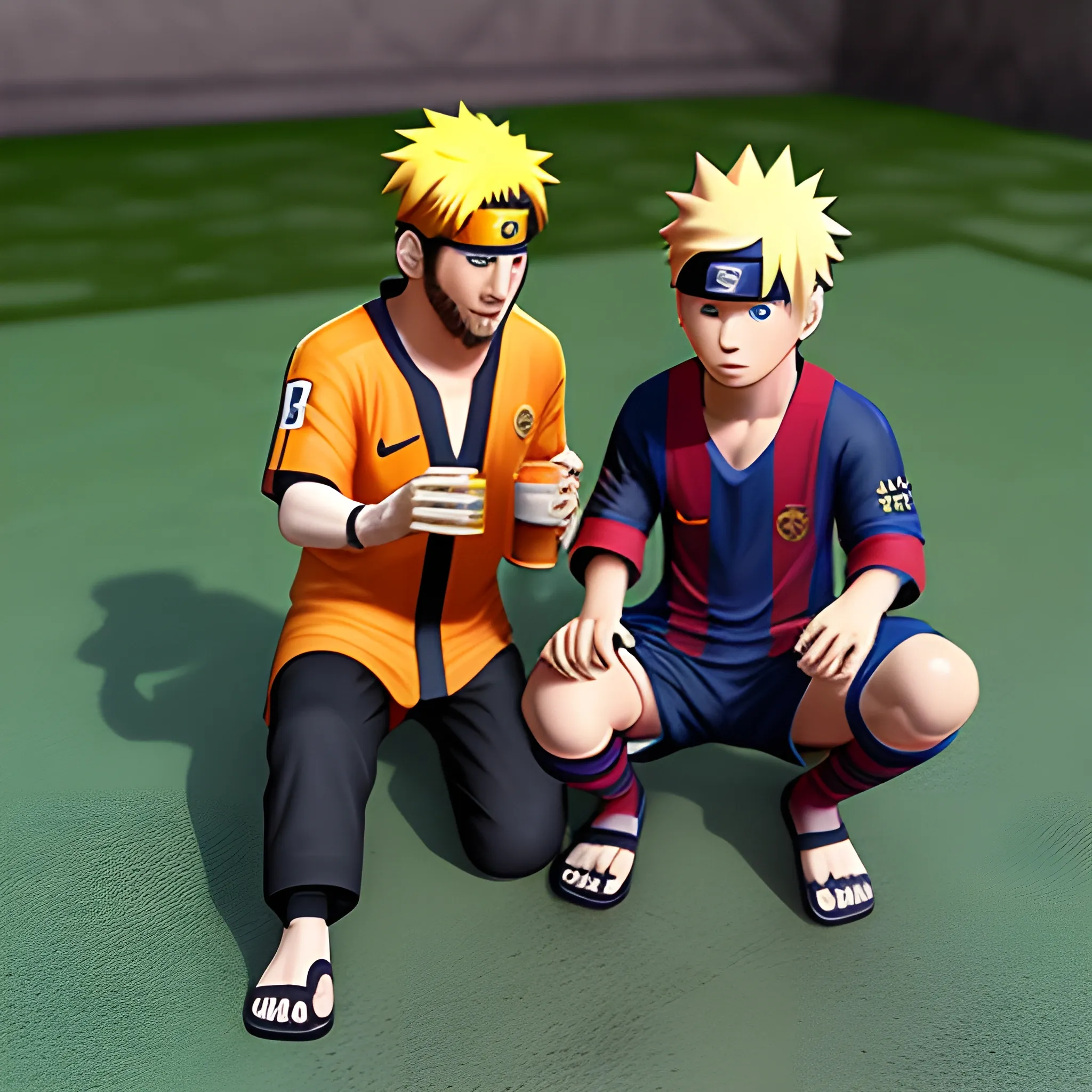 Messi tomando mate con Naruto, en Konoha, 3D