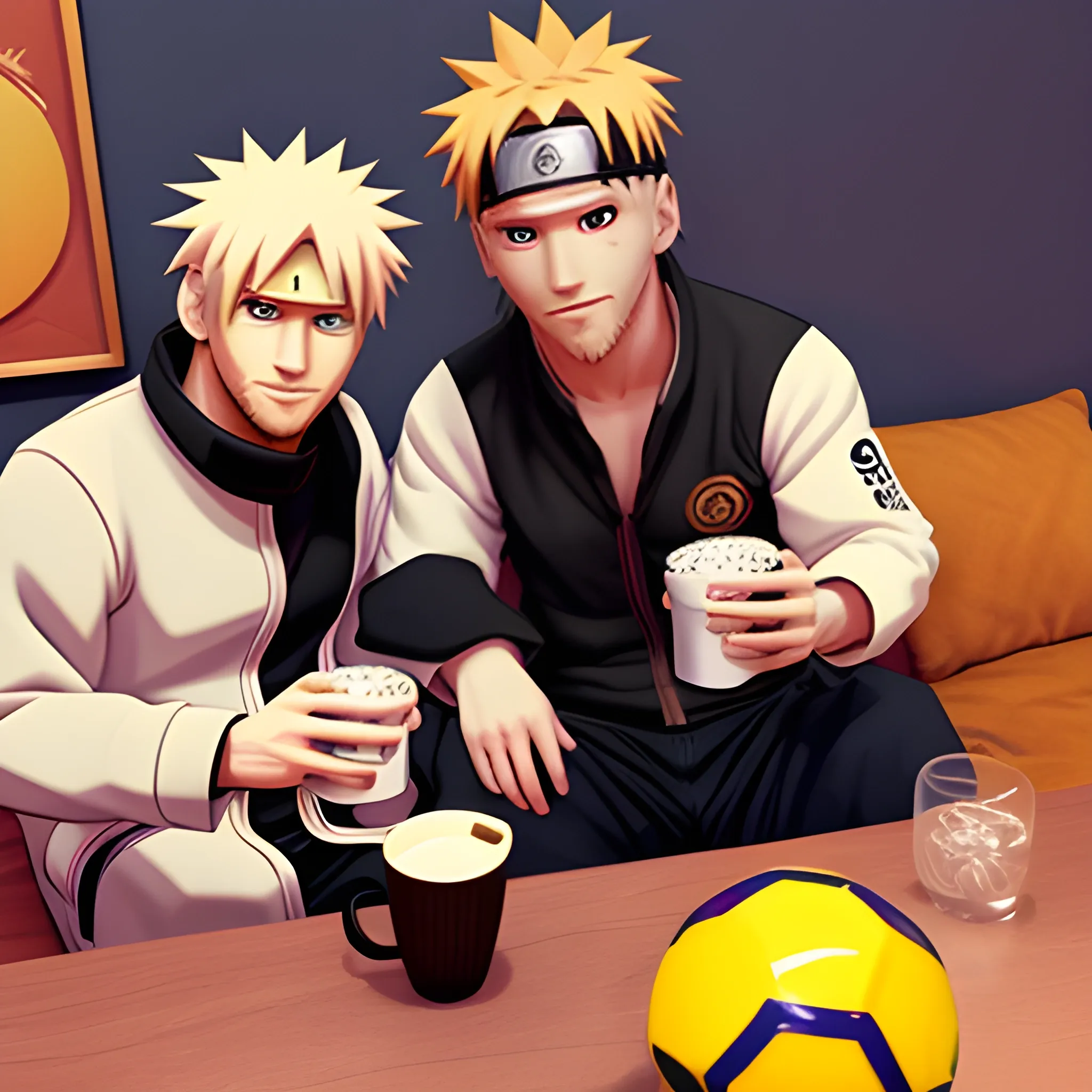 Messi tomando mate con Naruto, en Konoha, 3D