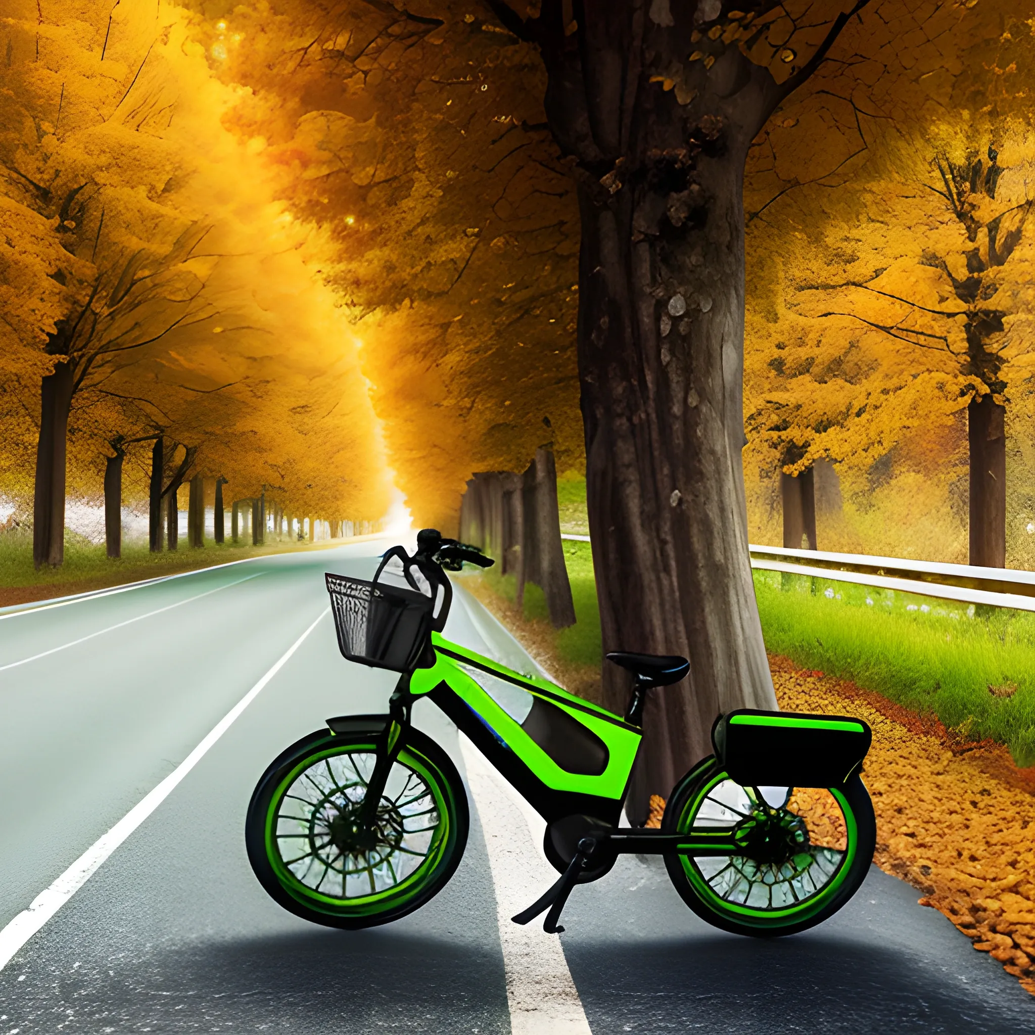 Real photographic image of a green and black electric bicycle on a road outside the city in autumn, without a rider