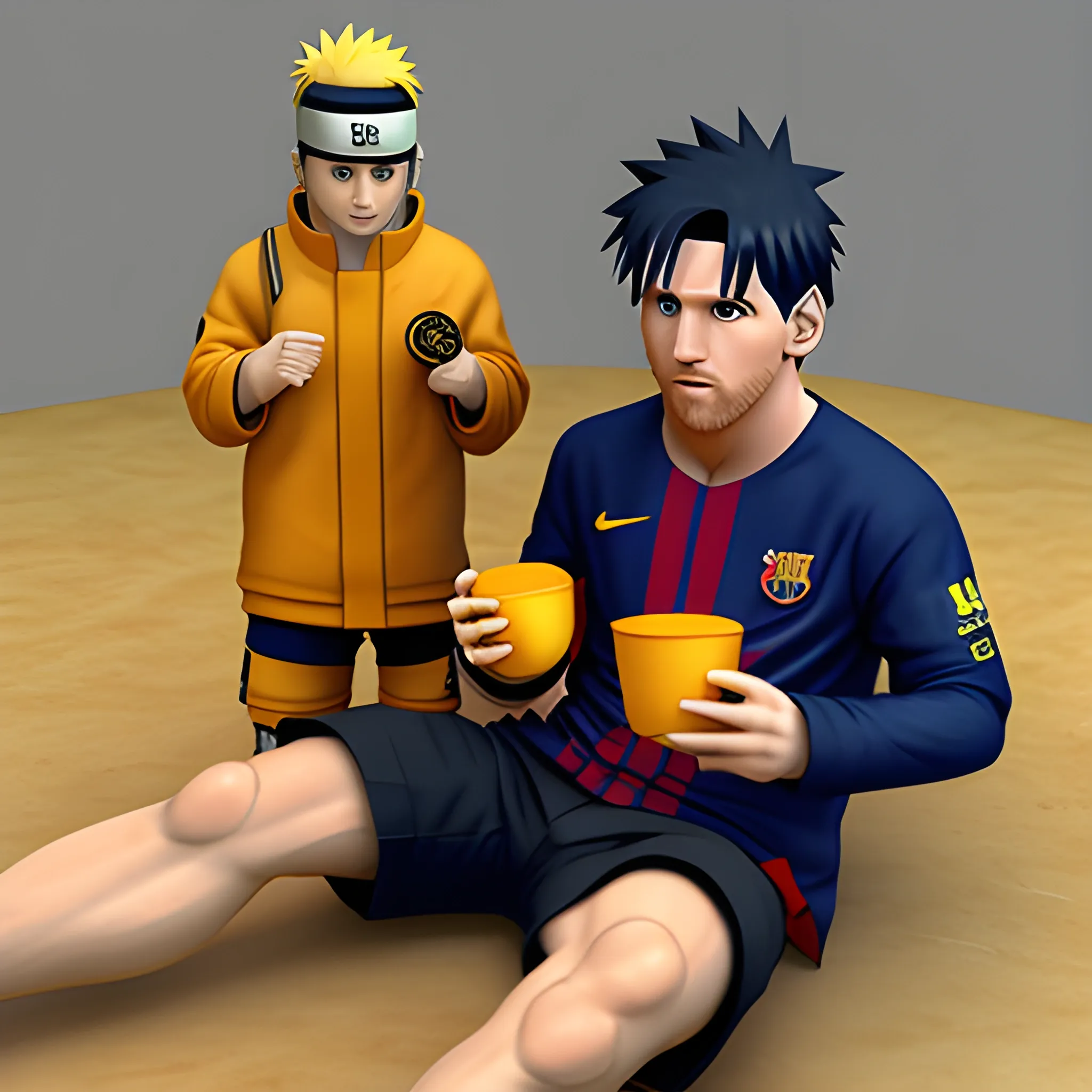 Messi tomando mate con Naruto, en Konoha, 3D