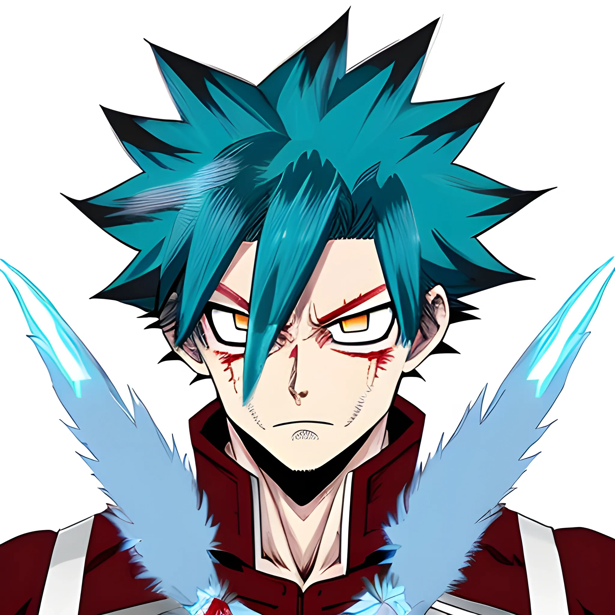 my hero academia male oc with white hair and crimson streaks and sharp turquoise eyes and blue flames around hands, a bit of frostbite on his face, the male oc is a todoroki and he has a short temper