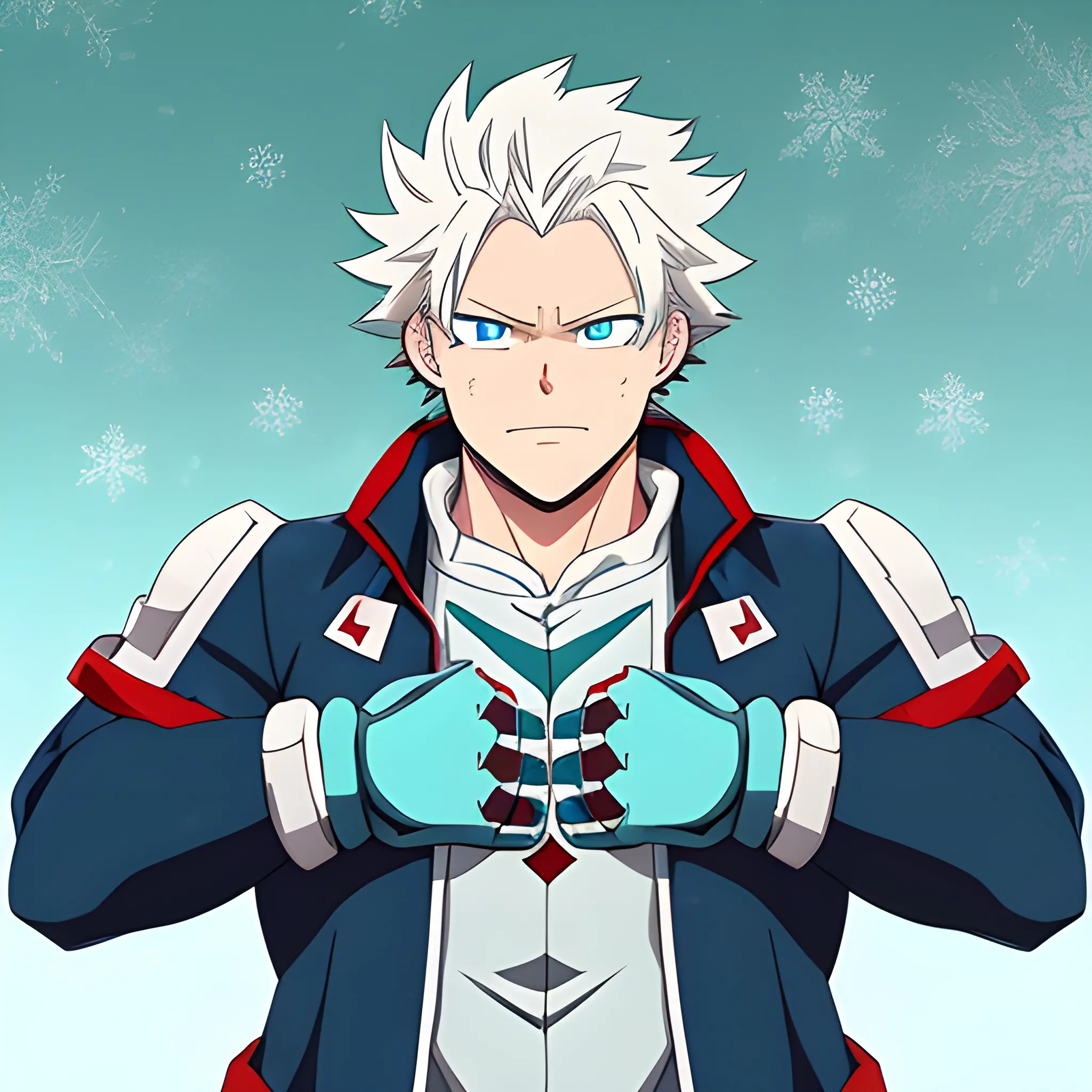 my hero academia sturdy-built male oc with messy snow-white hair and teal eyes and  ice around hands looking melancholic