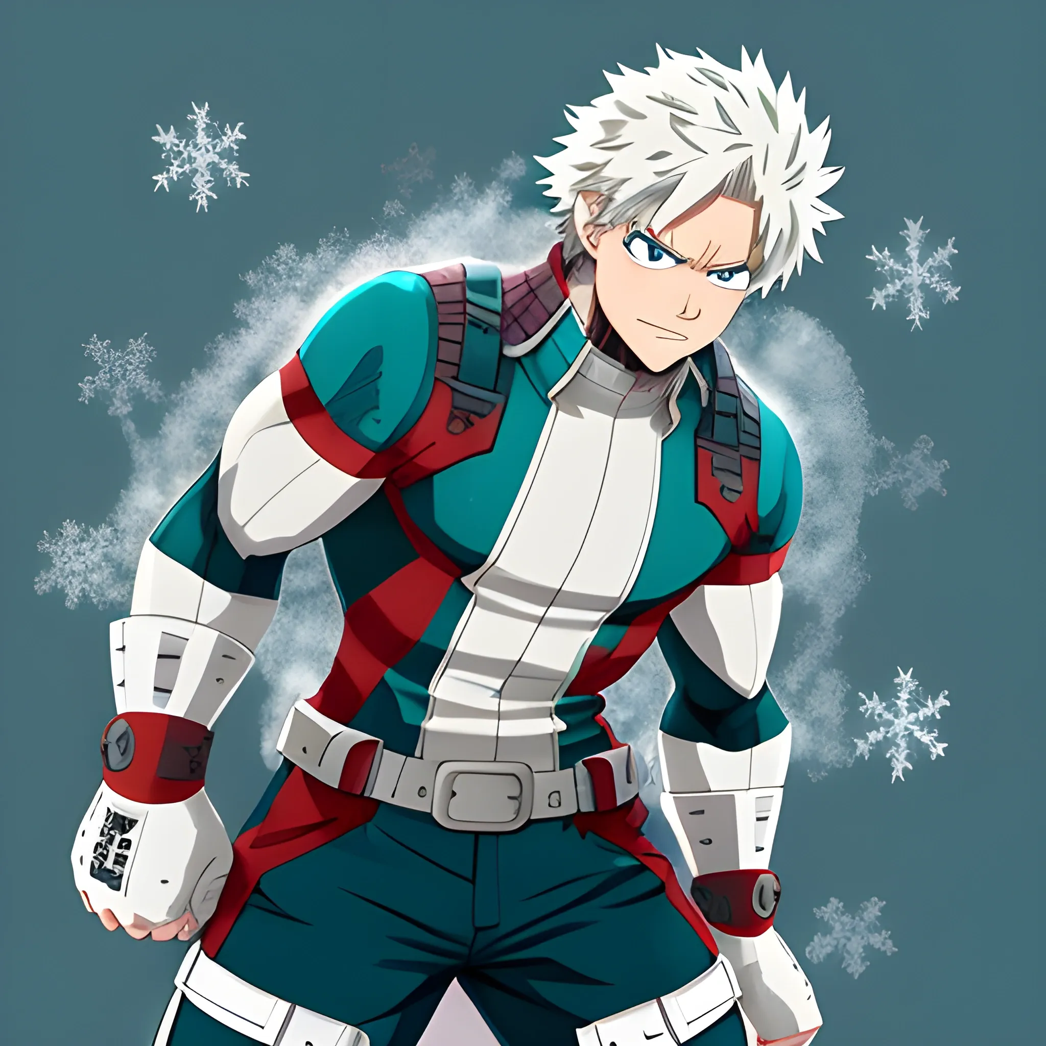 my hero academia sturdy-built male oc with messy snow-white hair and teal eyes and  ice around hands looking melancholic