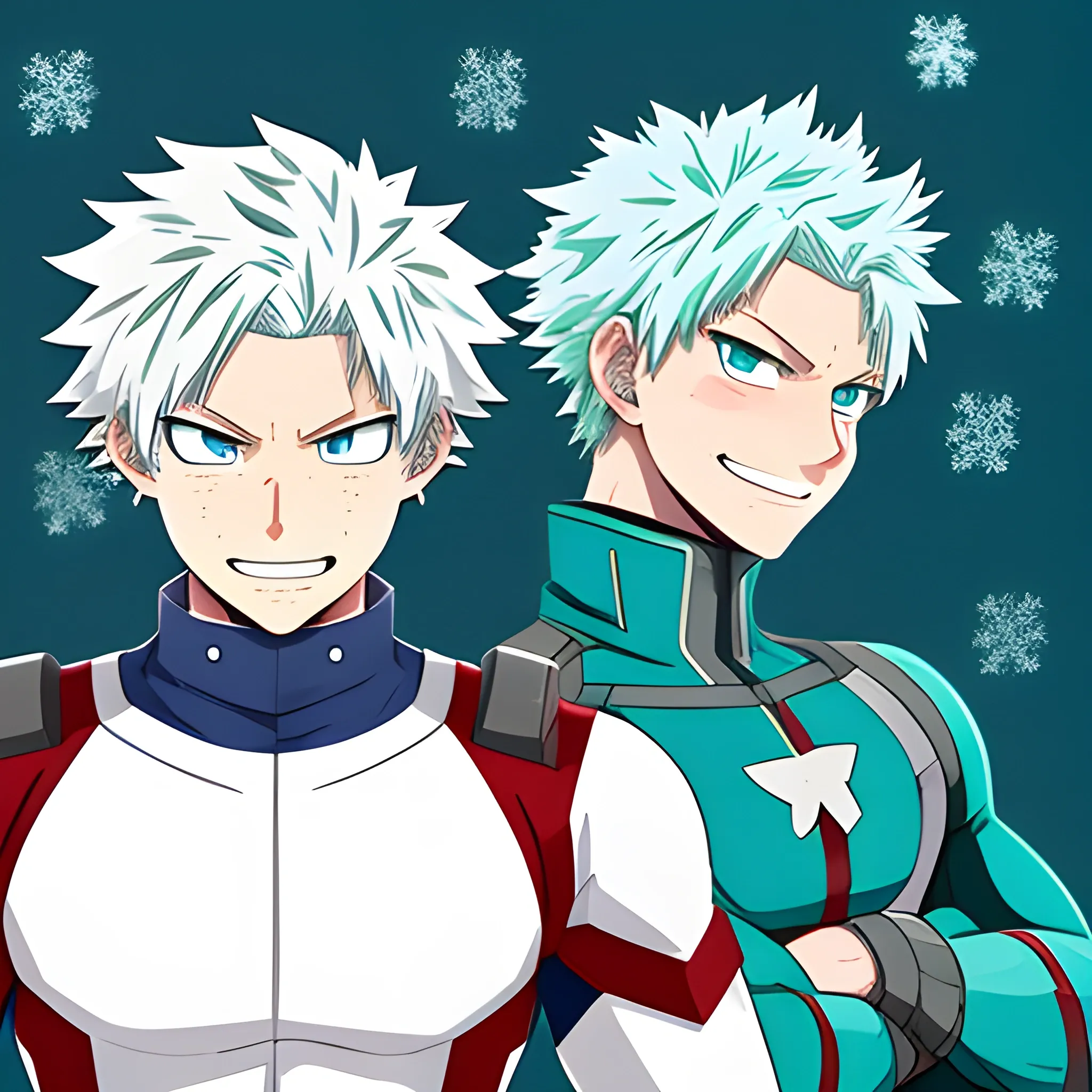 my hero academia male oc with snow-white hair and teal eyes and ice around hands and grinning