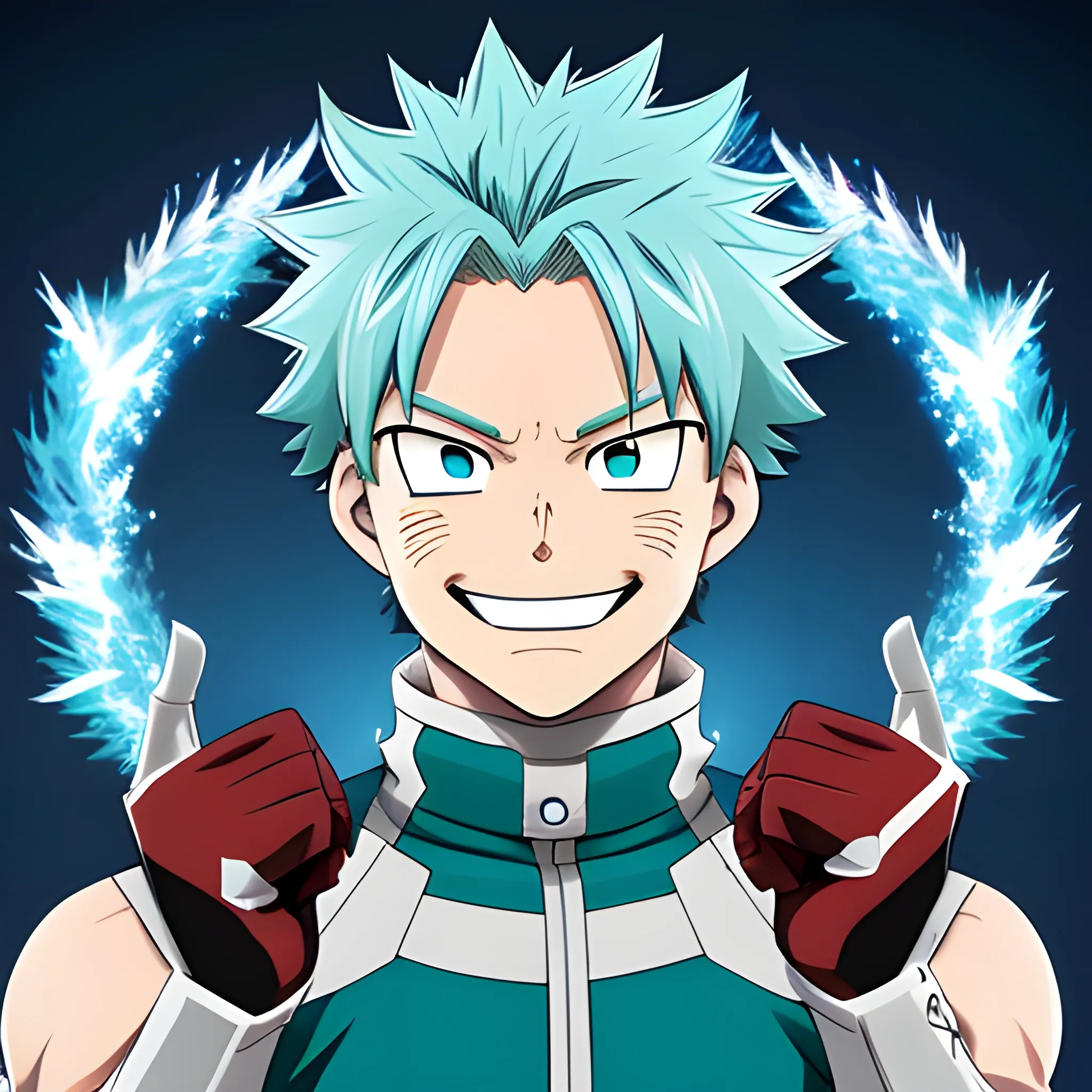 my hero academia male oc with snow-white hair and teal eyes and blue flames on hands and smiling