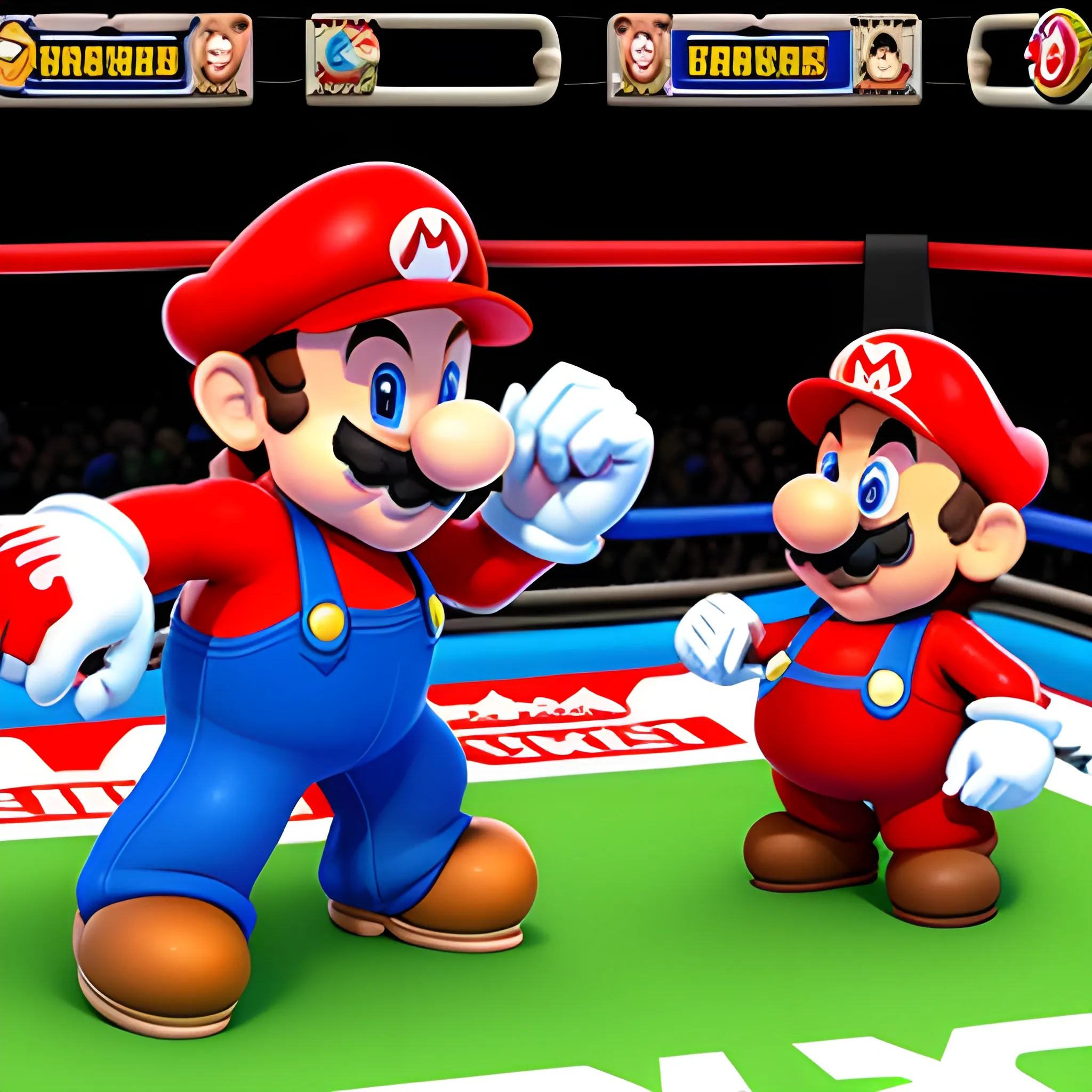 Todos los personajes existentes de Super Mario Wonder, mirando una pelea de boxeo, 3D