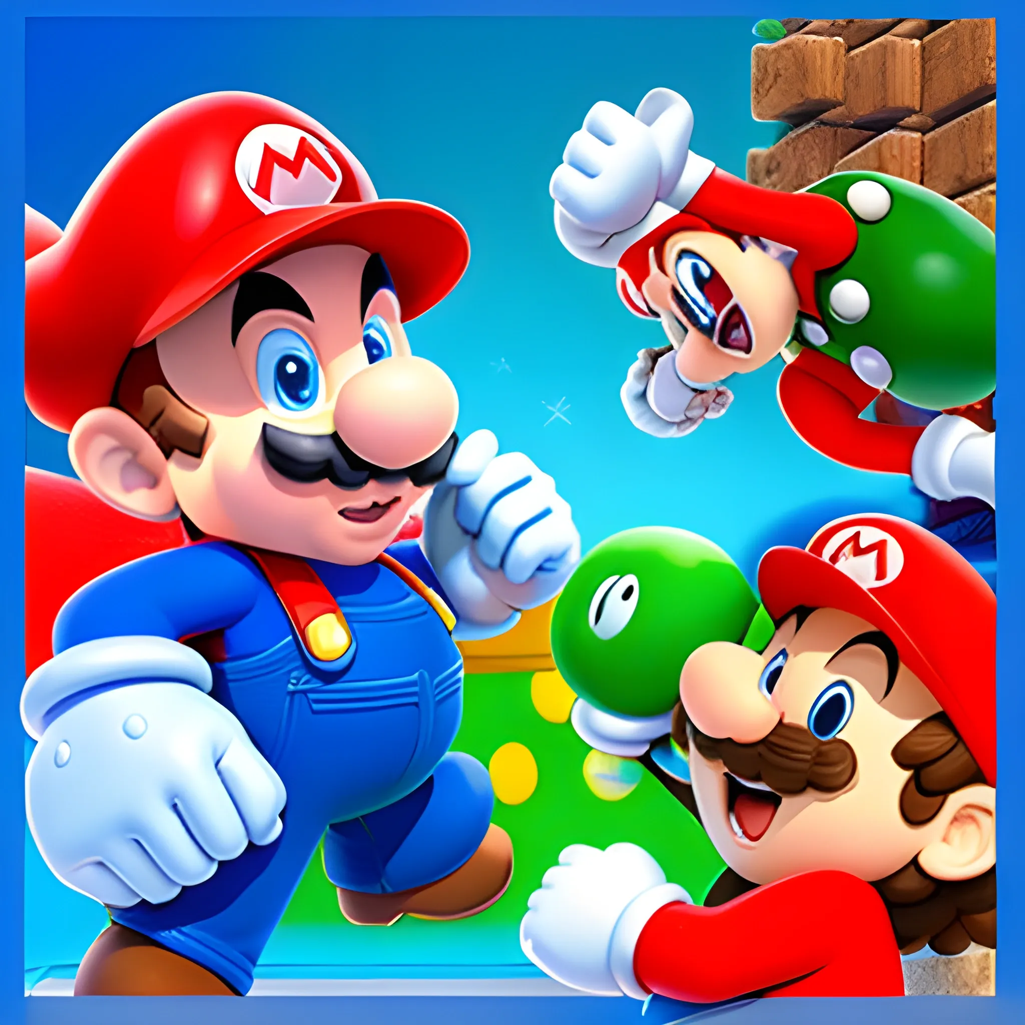 Todos los personajes existentes de Super Mario Wonder, mirando una pelea de boxeo, 3D, 3D