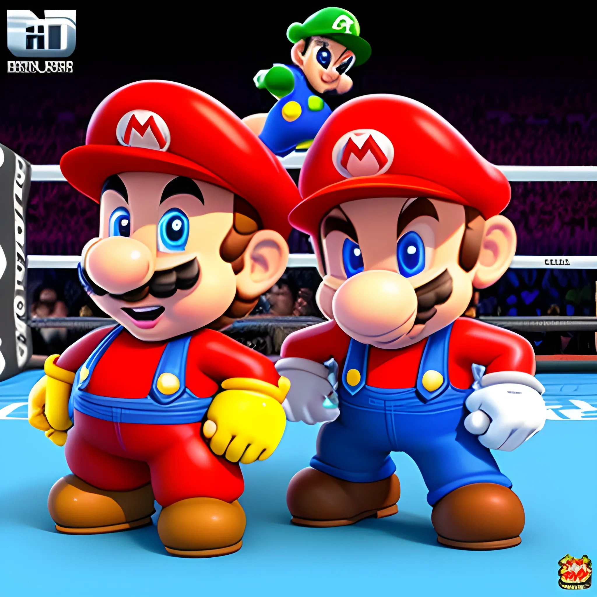 Todos los personajes existentes de Super Mario Wonder, mirando una pelea de boxeo, 3D