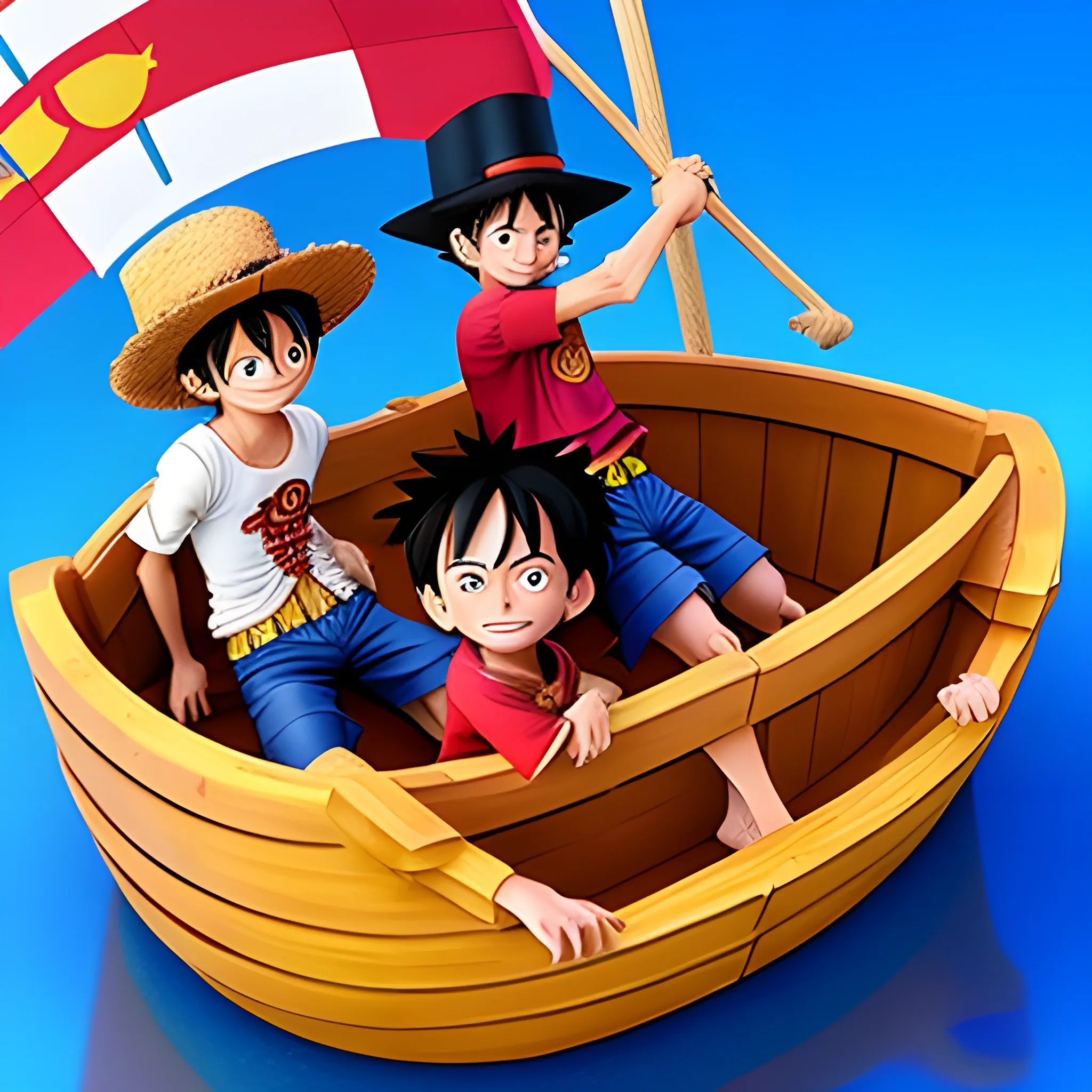 Luffy y Messi en un barco, 3D