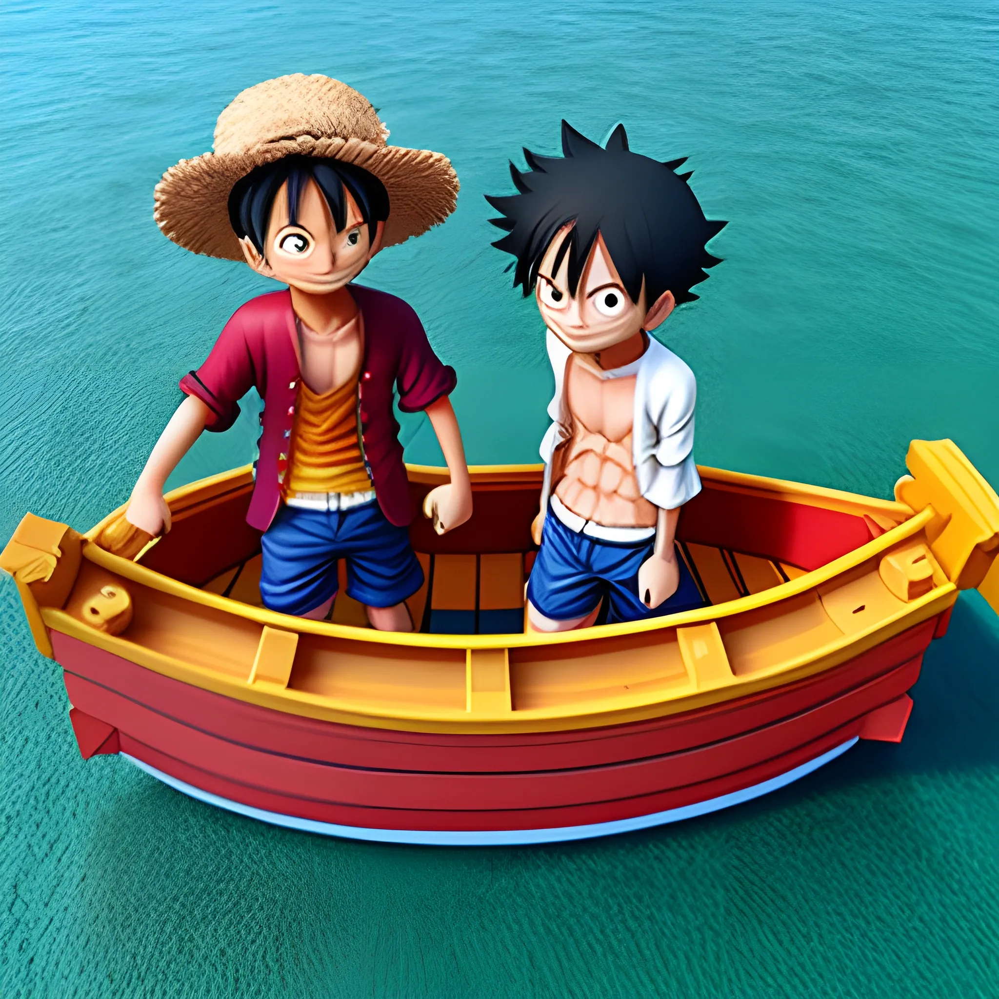 Luffy y Messi en un barco, 3D